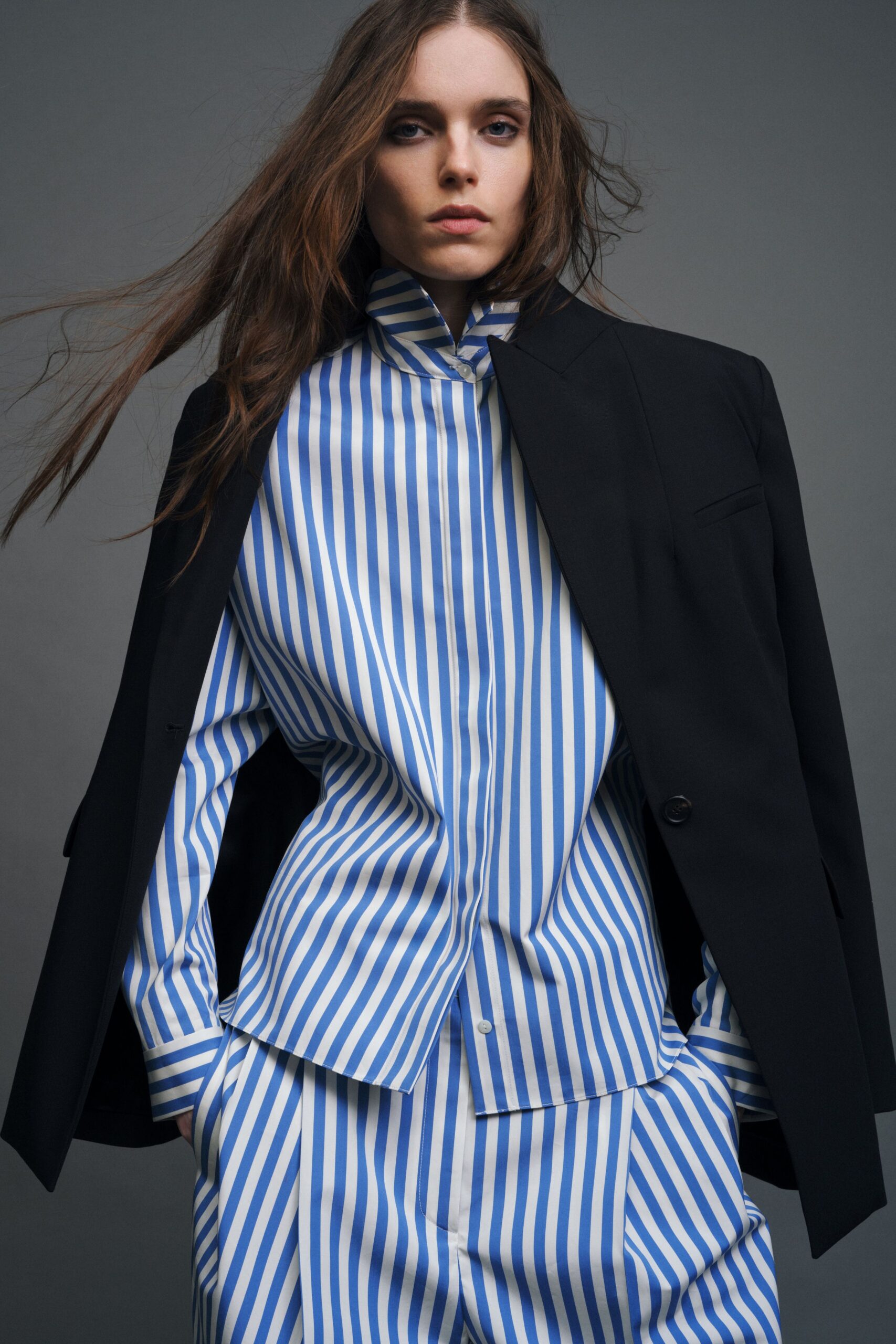 black blazer blue striped shirt