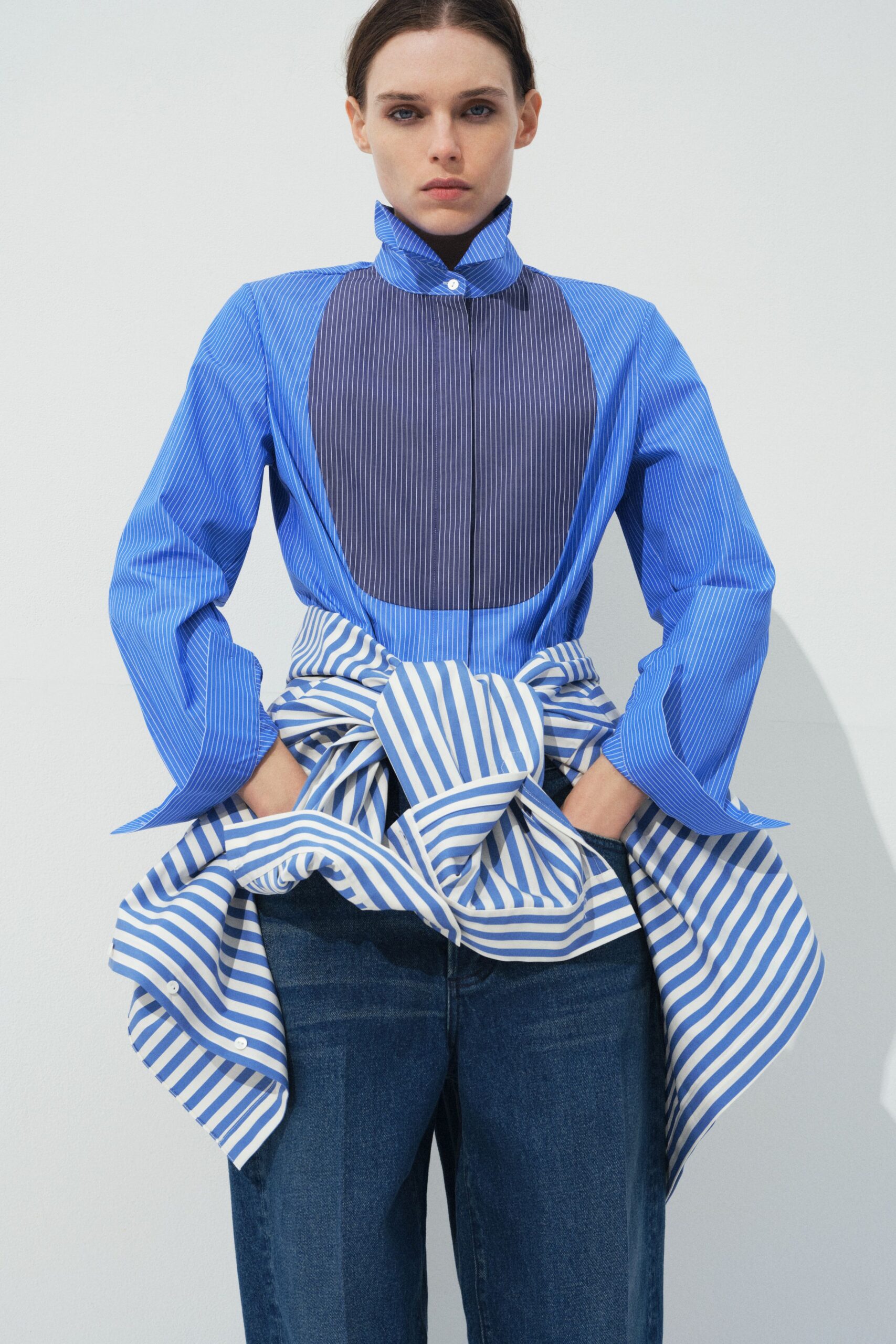 blue cotton long-sleeve collared fitted striped layered shirt