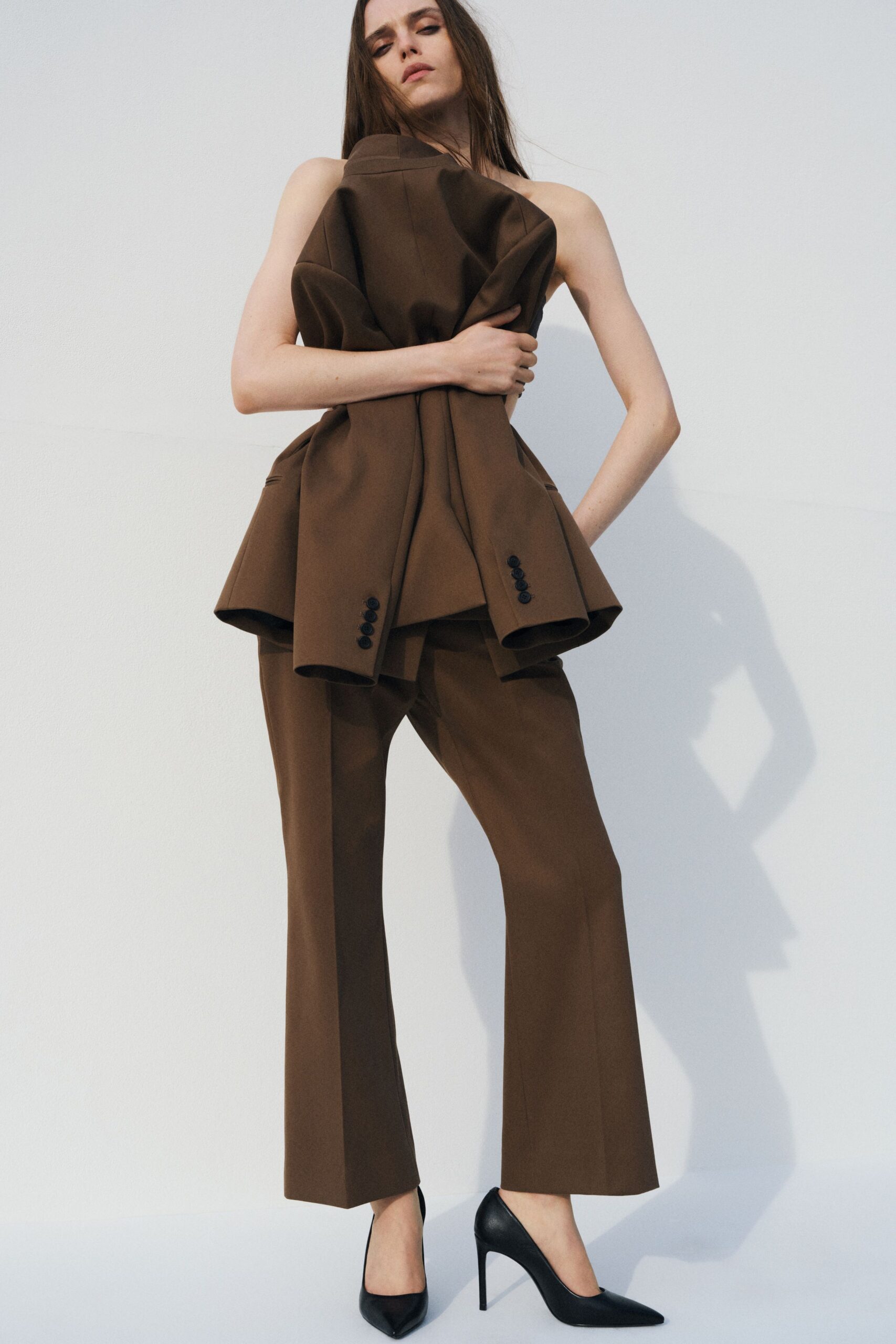 brown wool tailored straight-leg pants