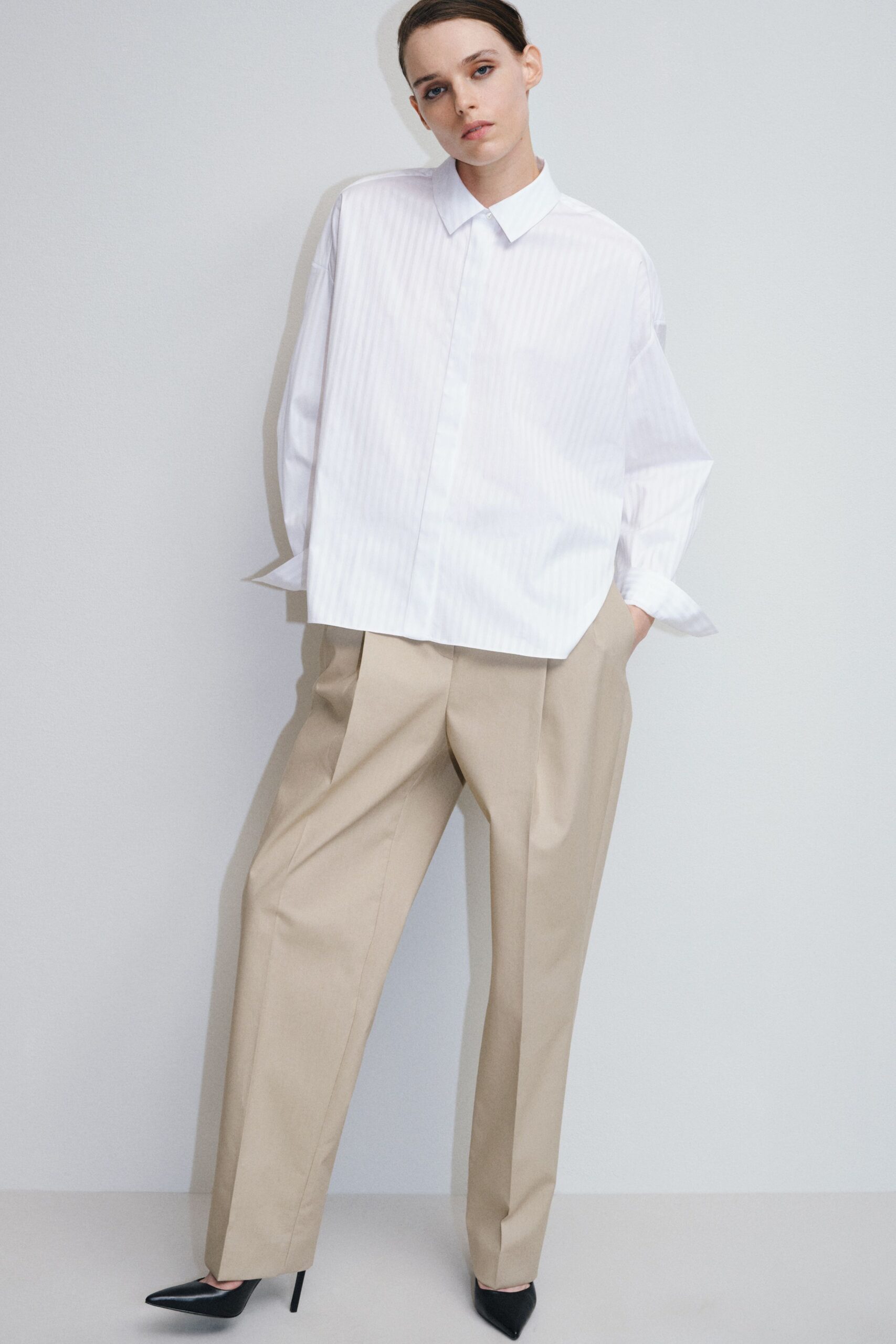 white cotton long-sleeve collared oversized striped shirt