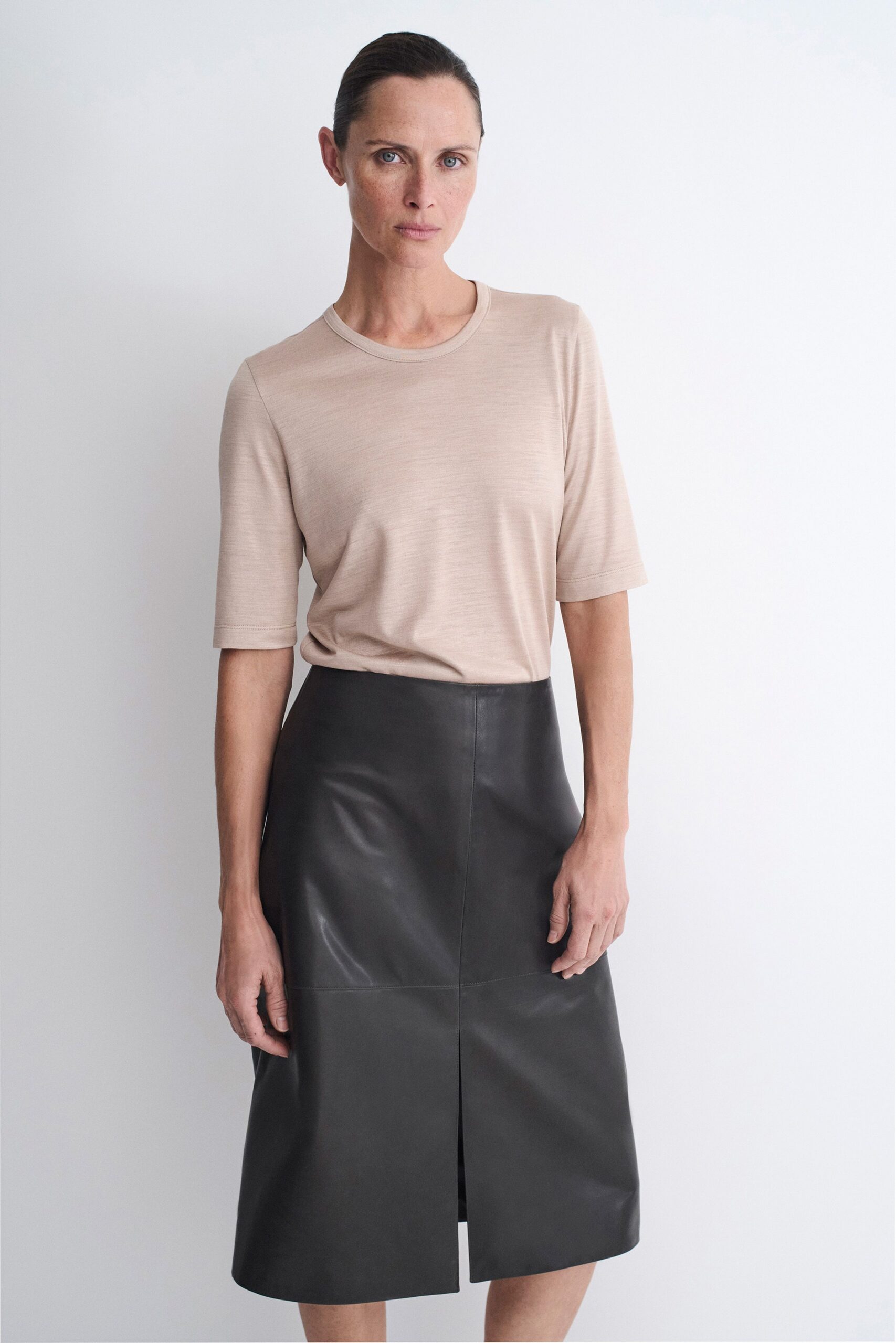 black leather slit fitted midi skirt