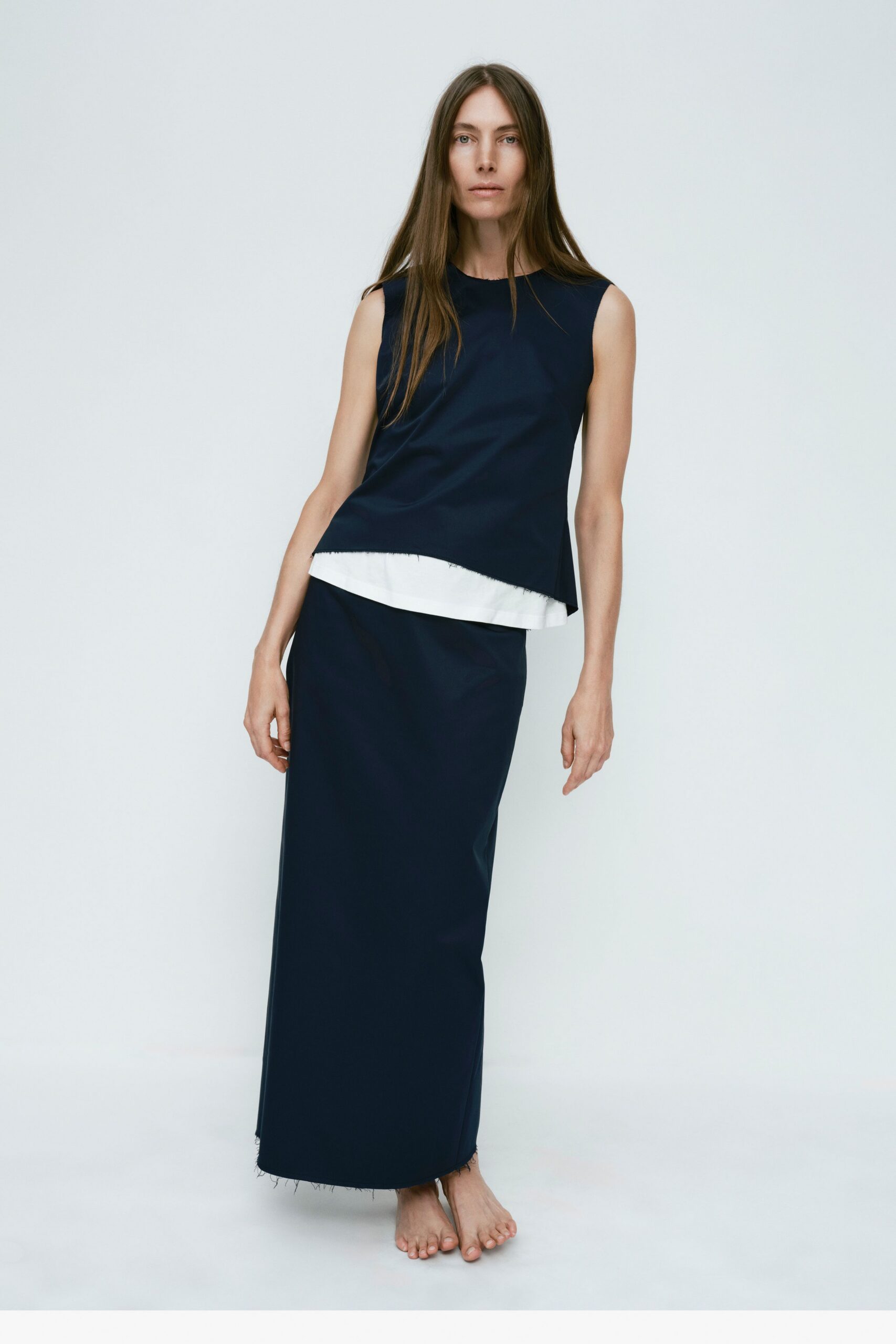 blue cotton sleeveless high-neck relaxed top