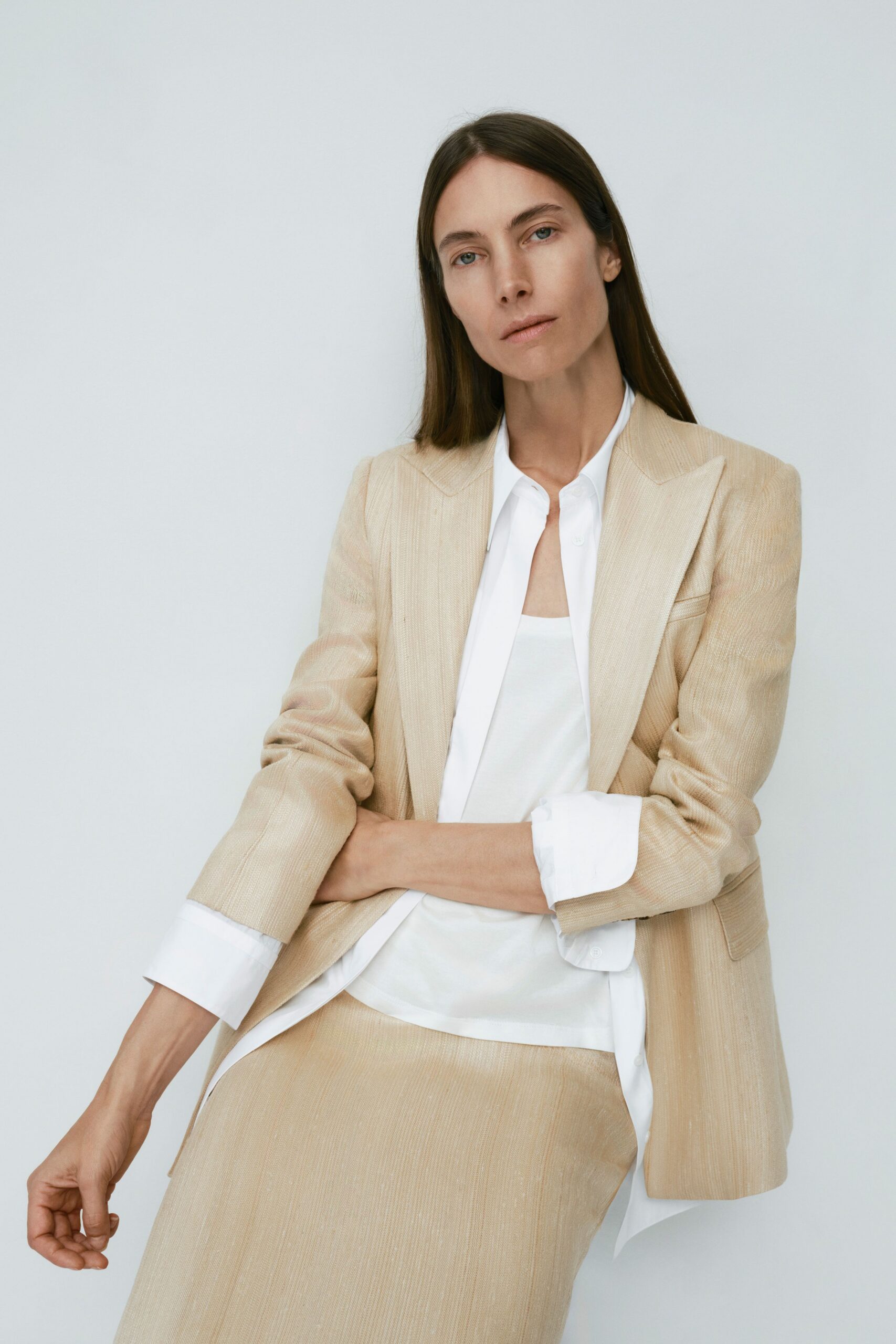 beige silk long-sleeve collared tailored striped blazer