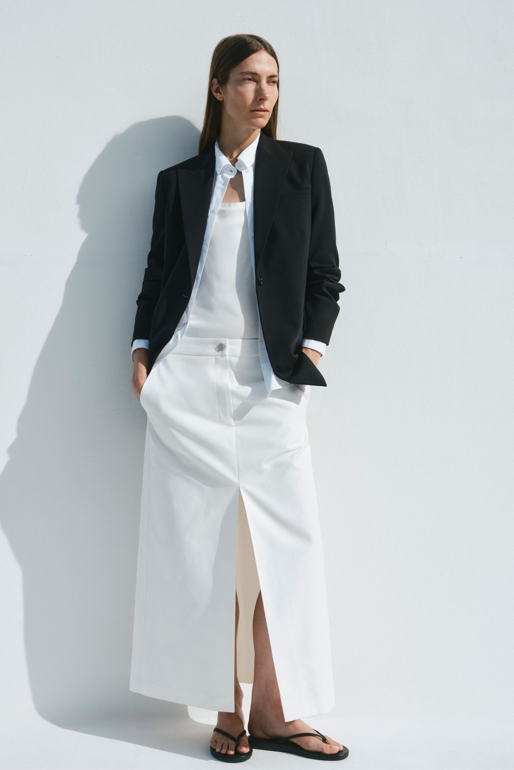 black blazer white shirt maxi skirt