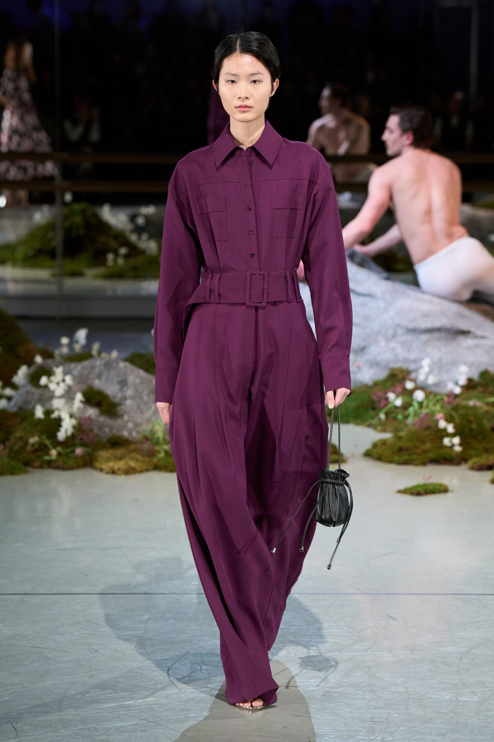 purple cotton long-sleeve collared relaxed belted wide-leg jumpsuit