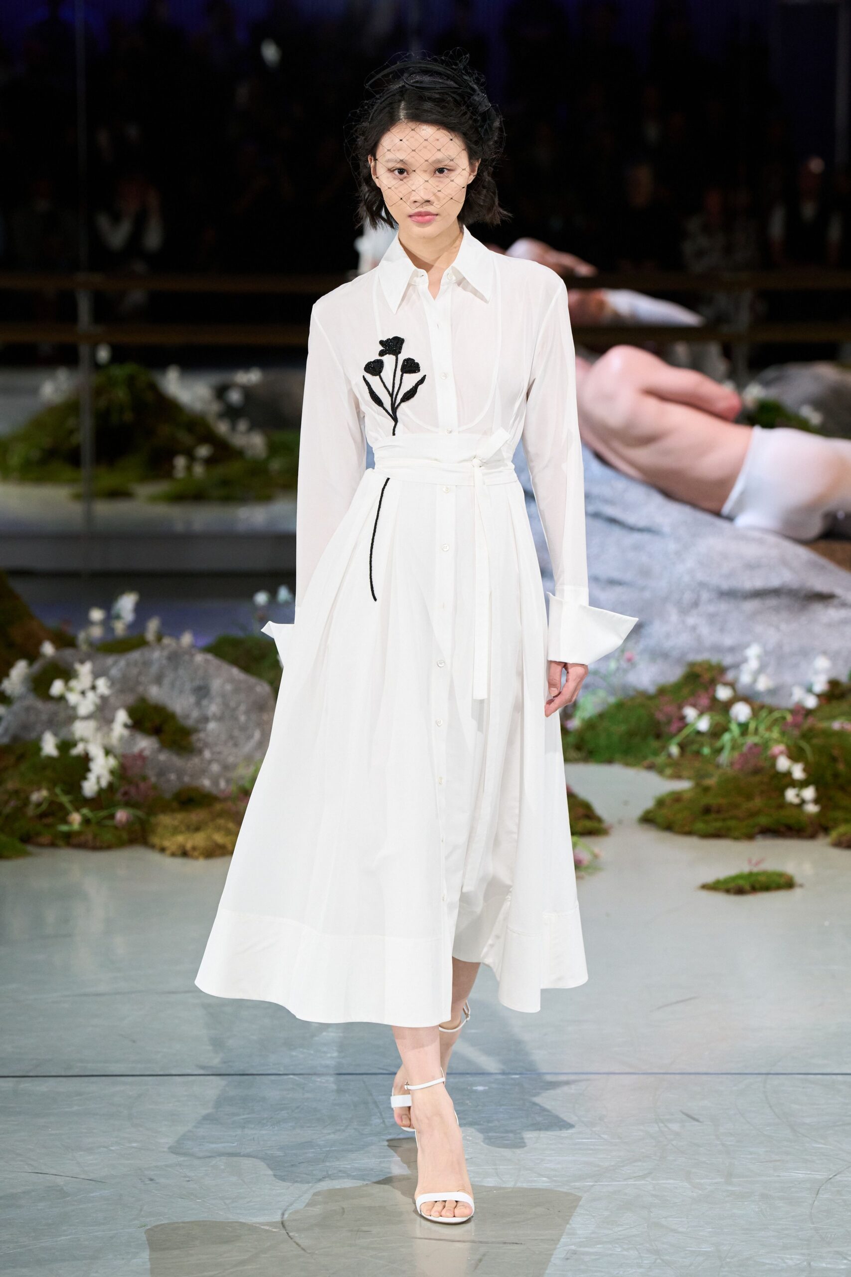 white cotton long-sleeve collared fitted buttoned embroidered shirt-dress