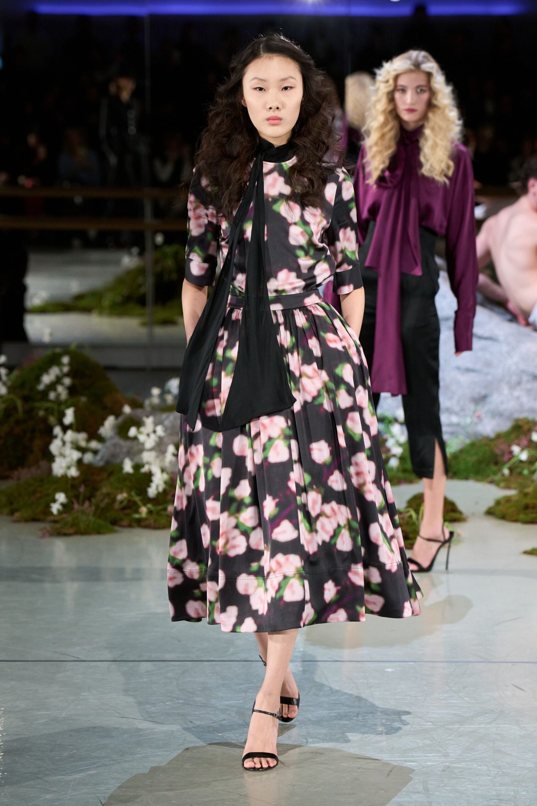 floral black midi dress with strappy heels