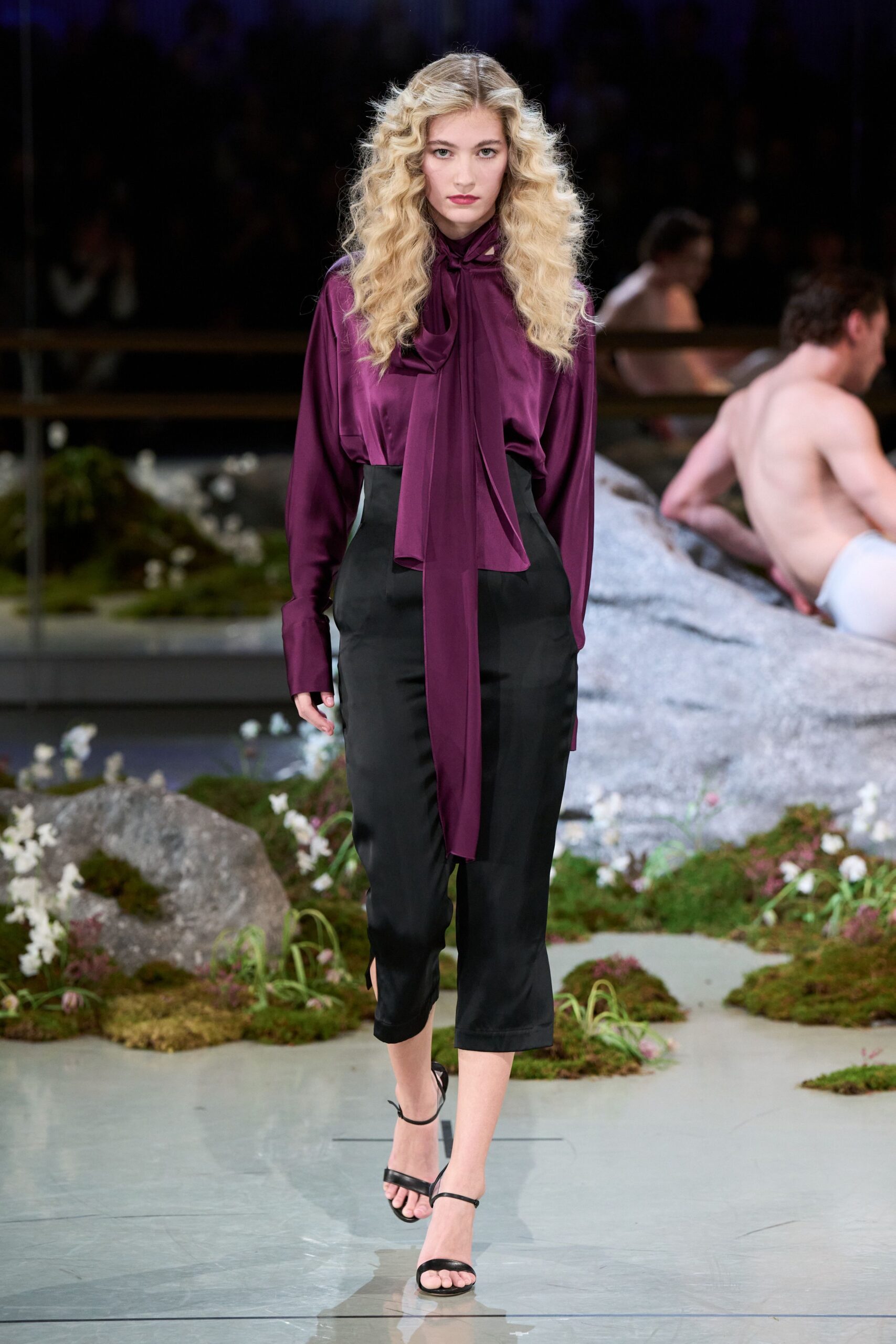 purple silk blouse black tailored pants