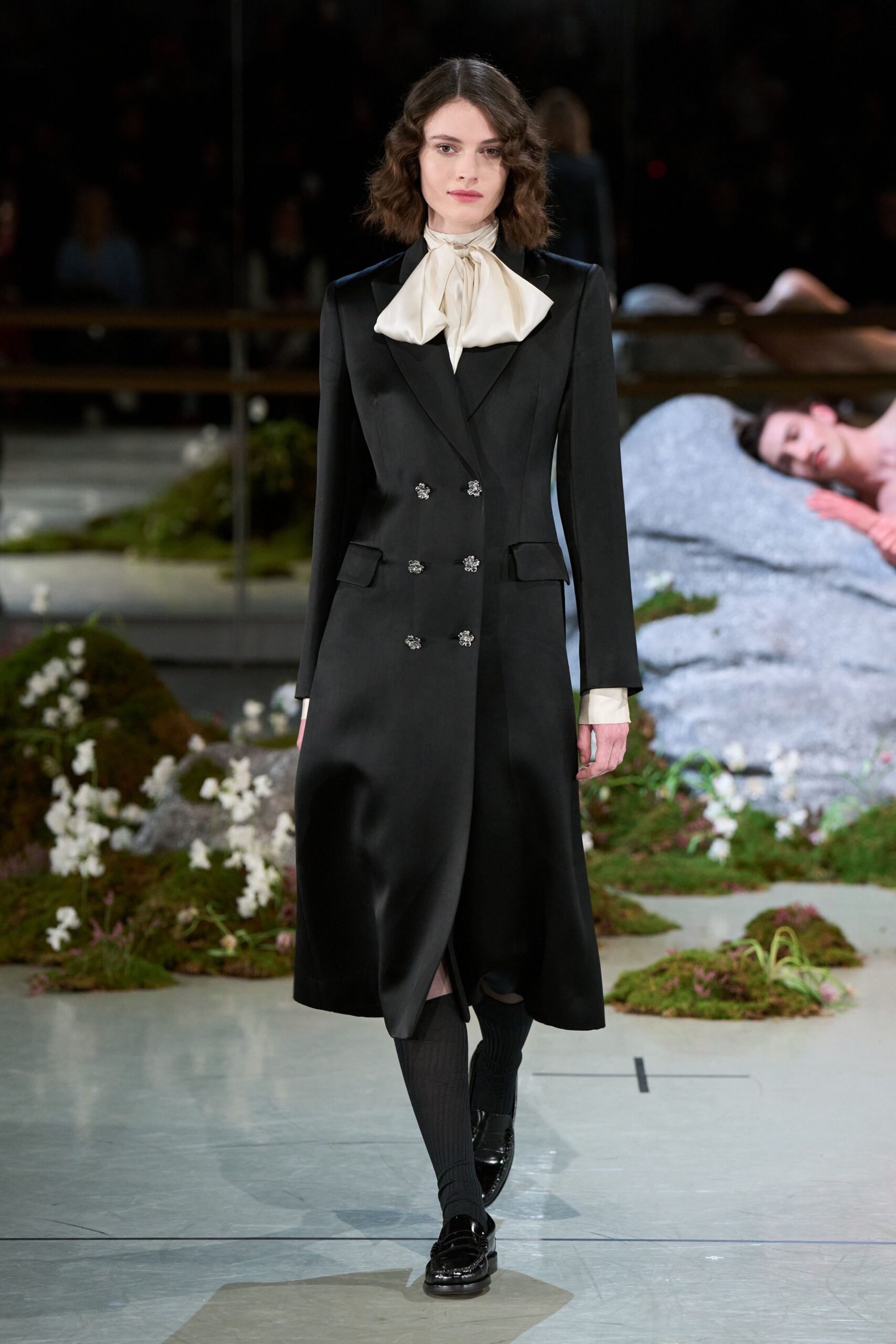 black silk long-sleeve collared fitted pleated midi coat
