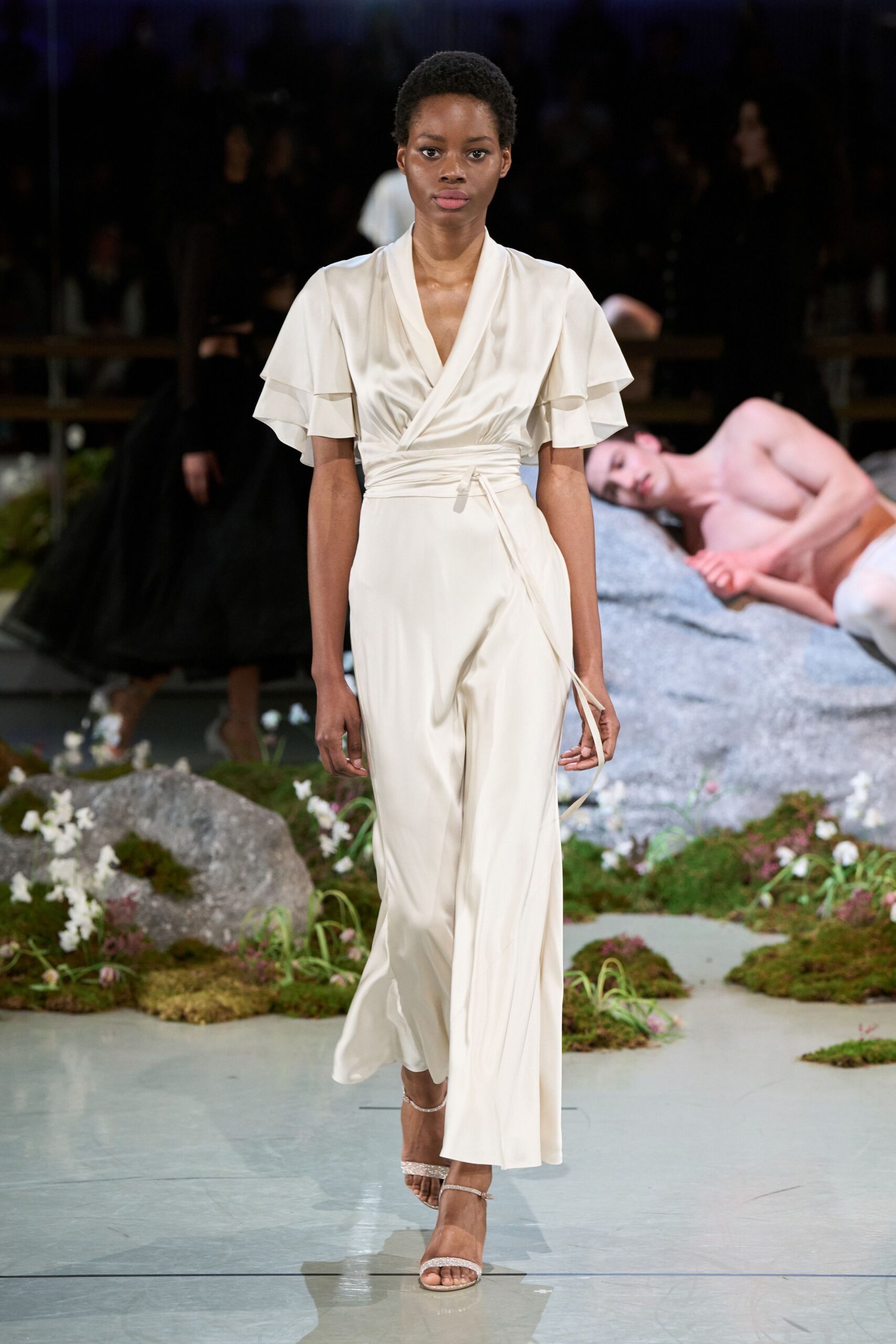 white silk short-sleeve v-neck fitted ruffled tiered dress