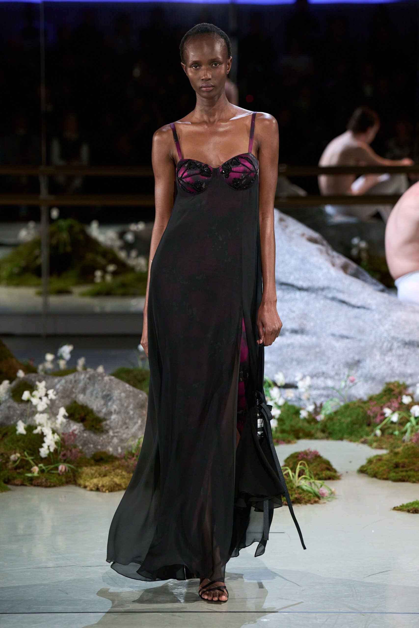 black silk sleeveless v-neck fitted draped layered gown