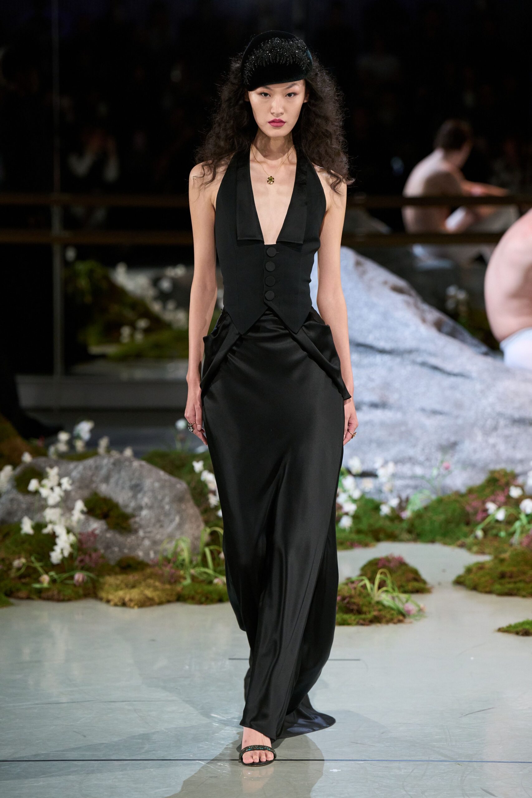 black silk sleeveless v-neck fitted buttoned draped gown
