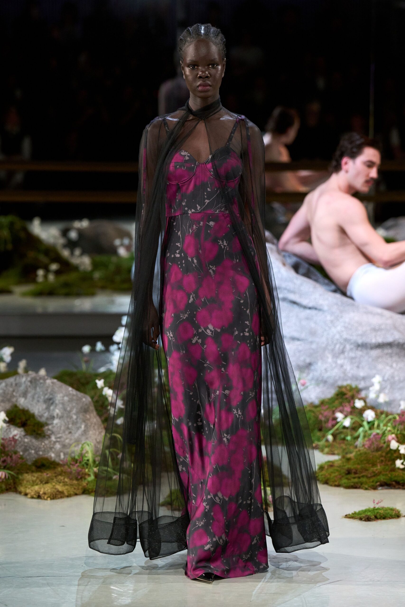 pink silk sleeveless v-neck fitted floral layered gown