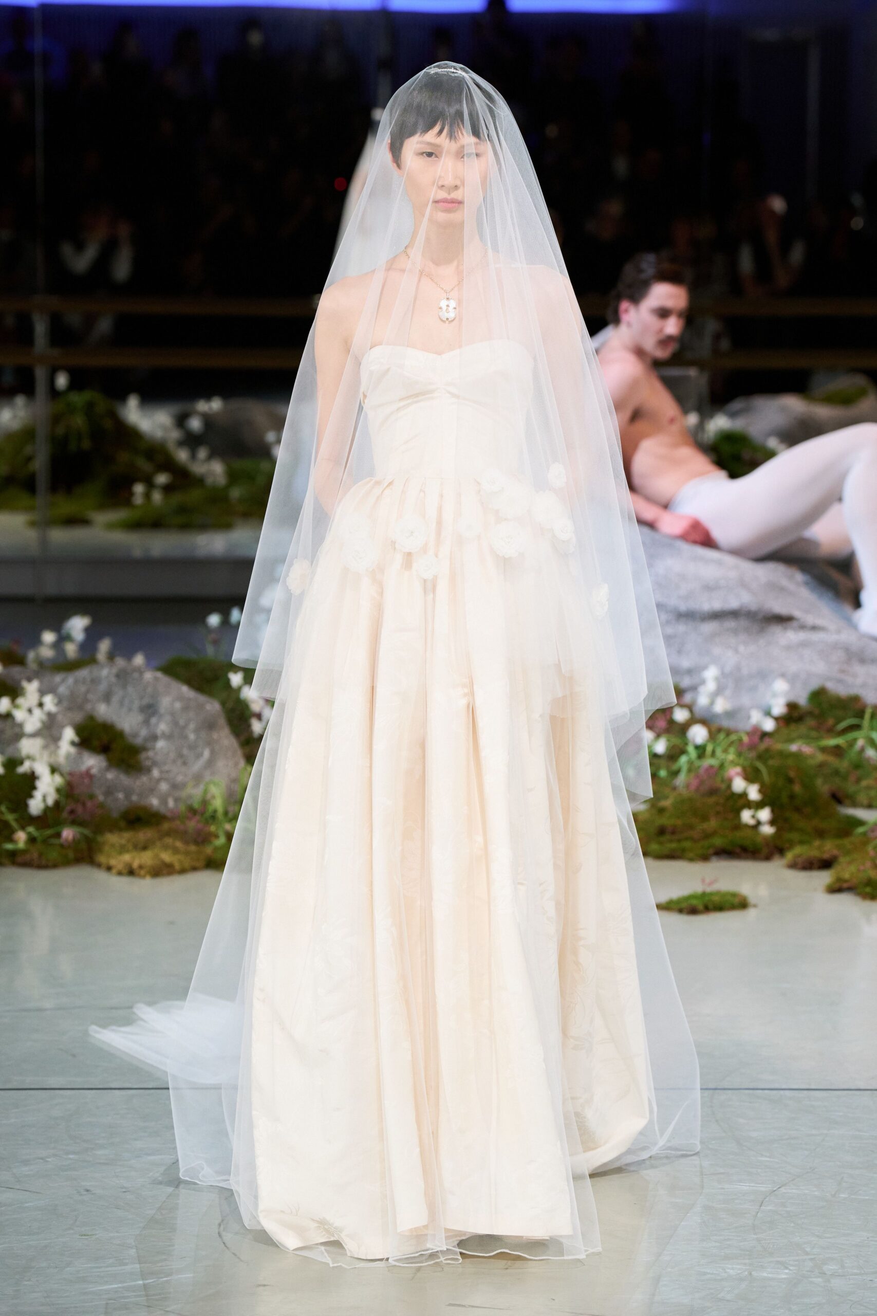 ivory silk strapless gown with veil