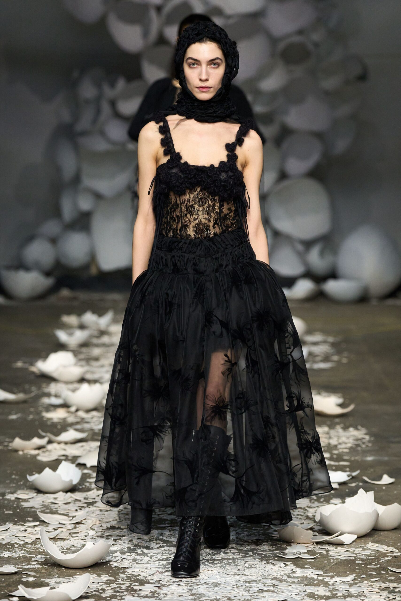 black lace sleeveless v-neck fitted ruffled embroidered dress