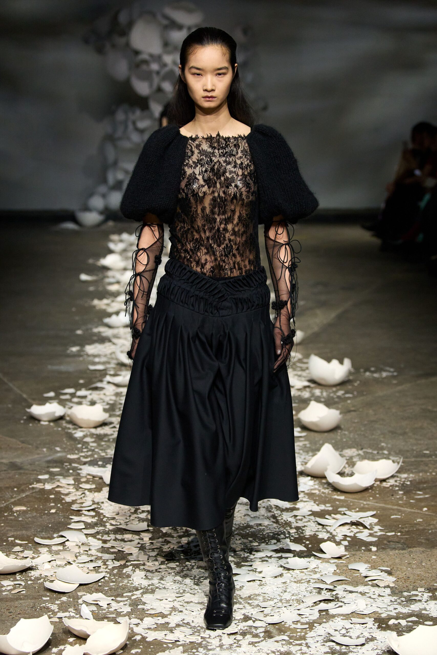 black lace midi dress with leather shoes