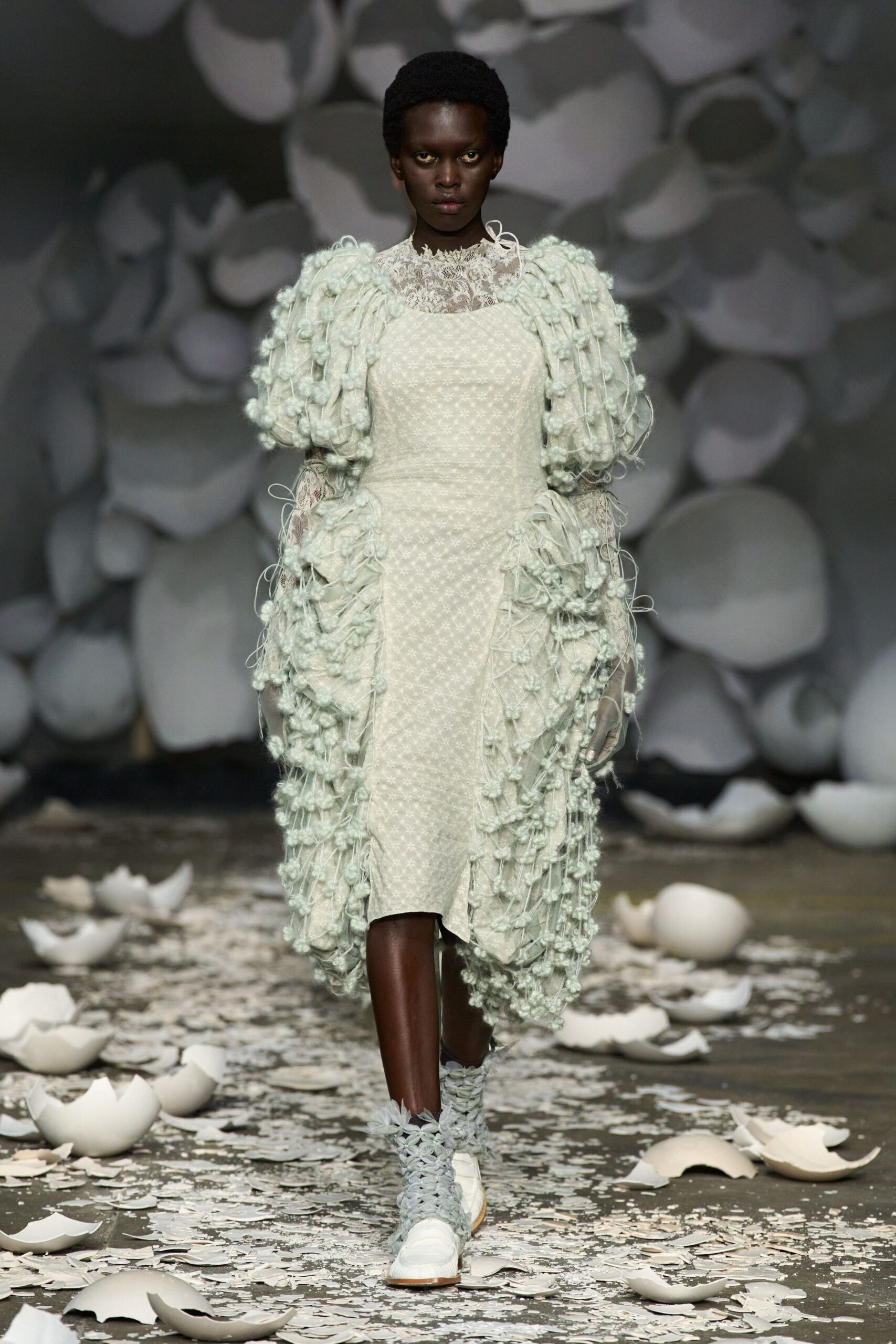 green cotton long-sleeve high-neck fitted ruffled textured dress