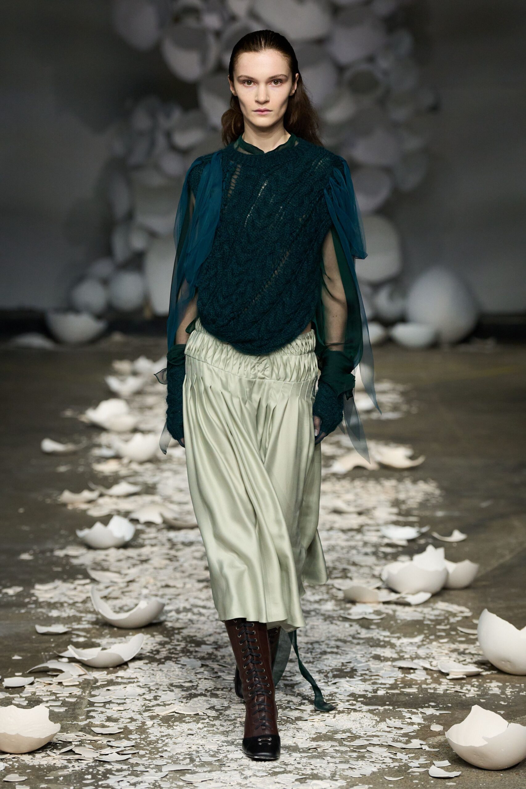 green silk long-sleeve high-neck fitted layered top