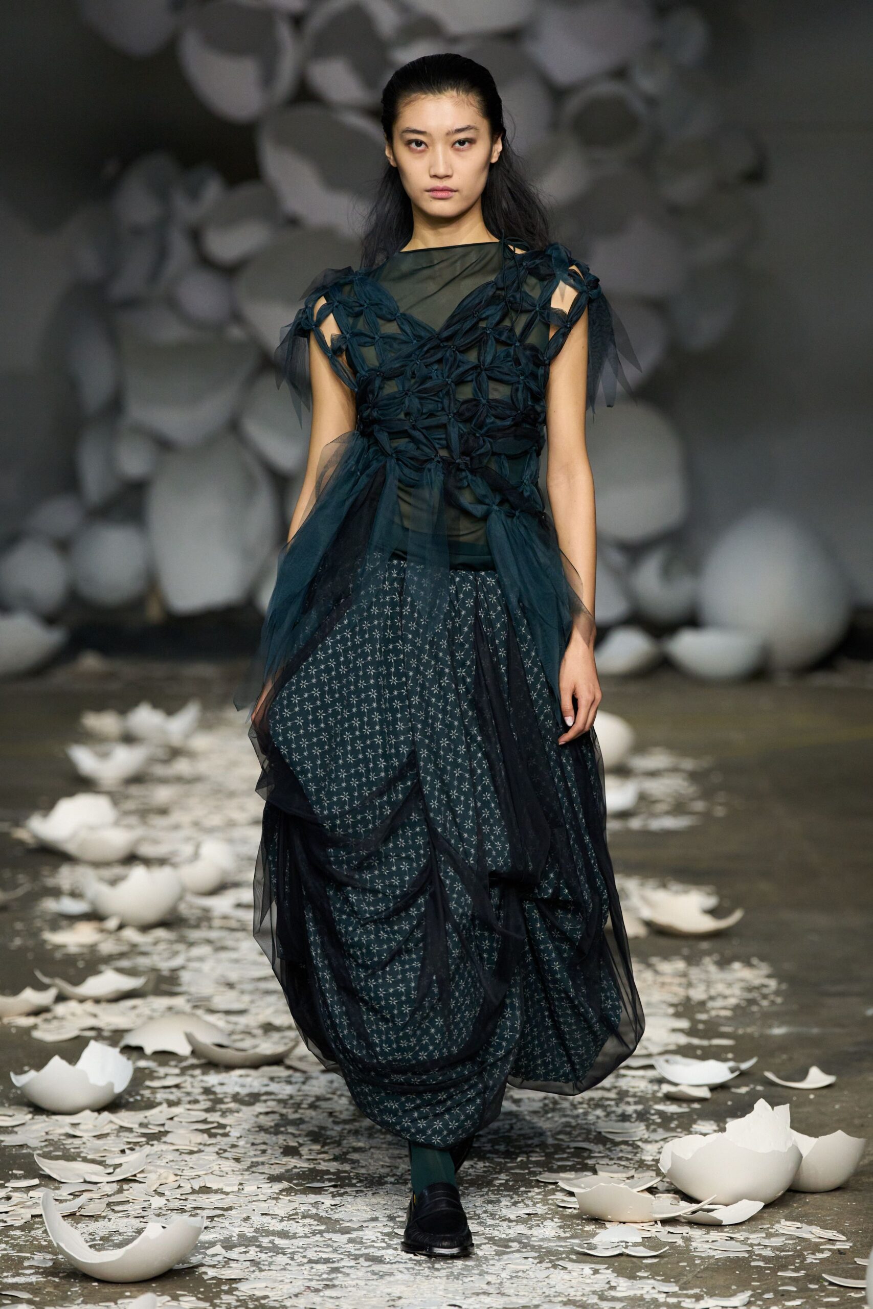 teal silk sleeveless high-neck fitted layered ruffled dress
