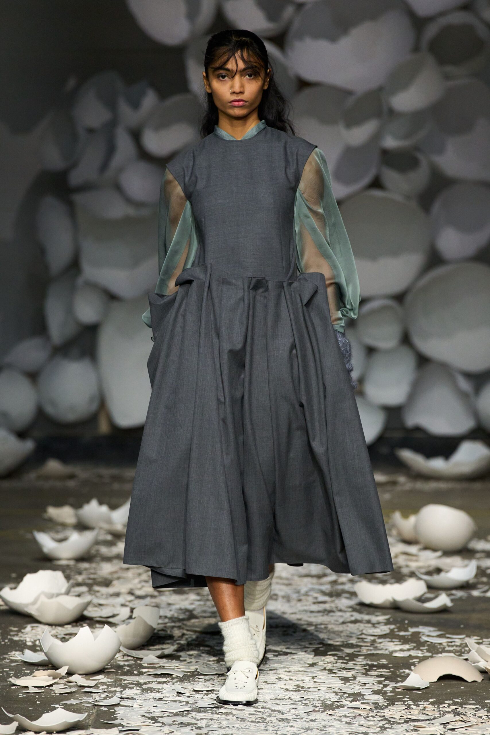gray cotton long-sleeve high-neck relaxed pleated midi dress