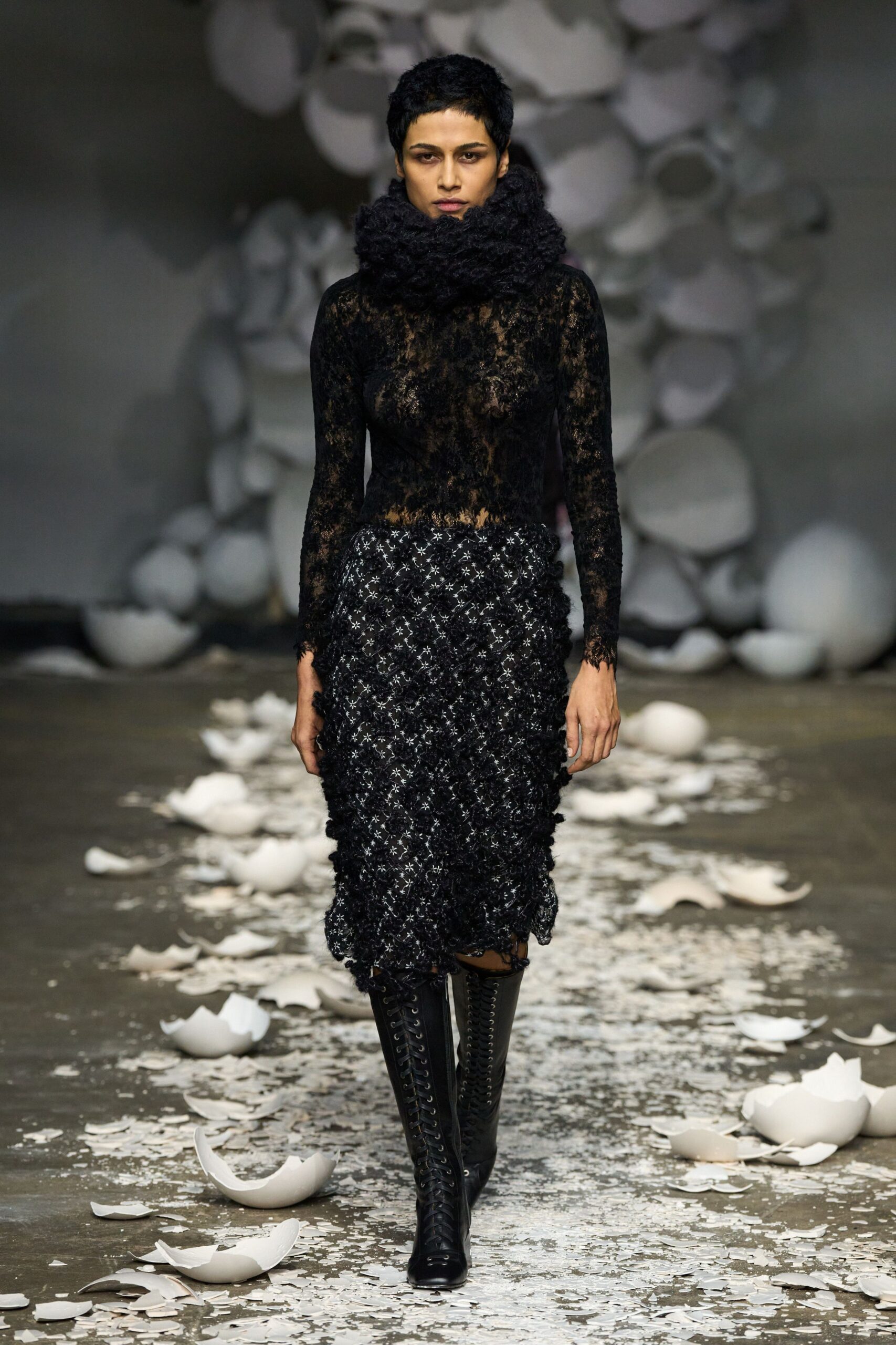 black lace top with knit skirt