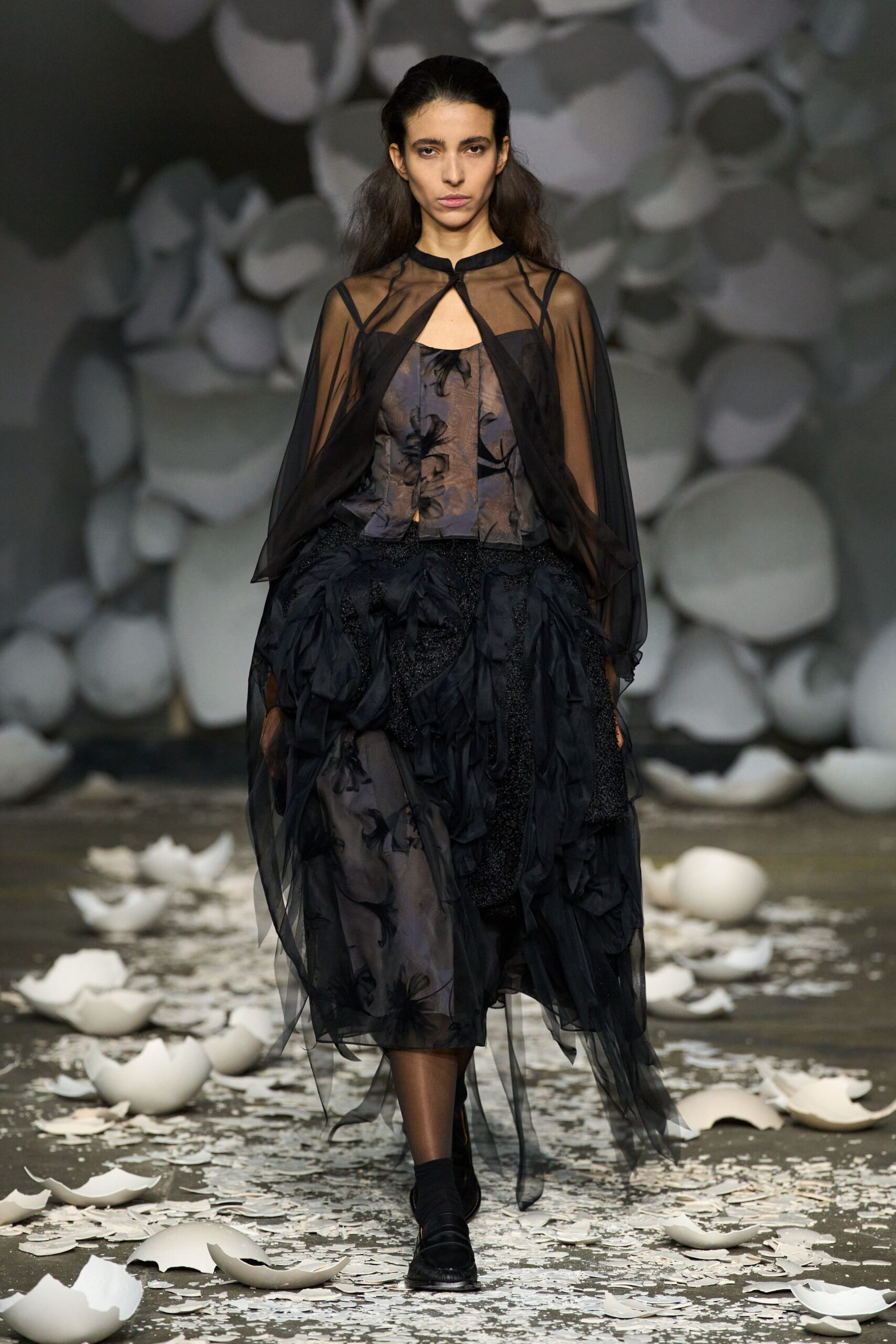 black long-sleeve relaxed draped sheer cape