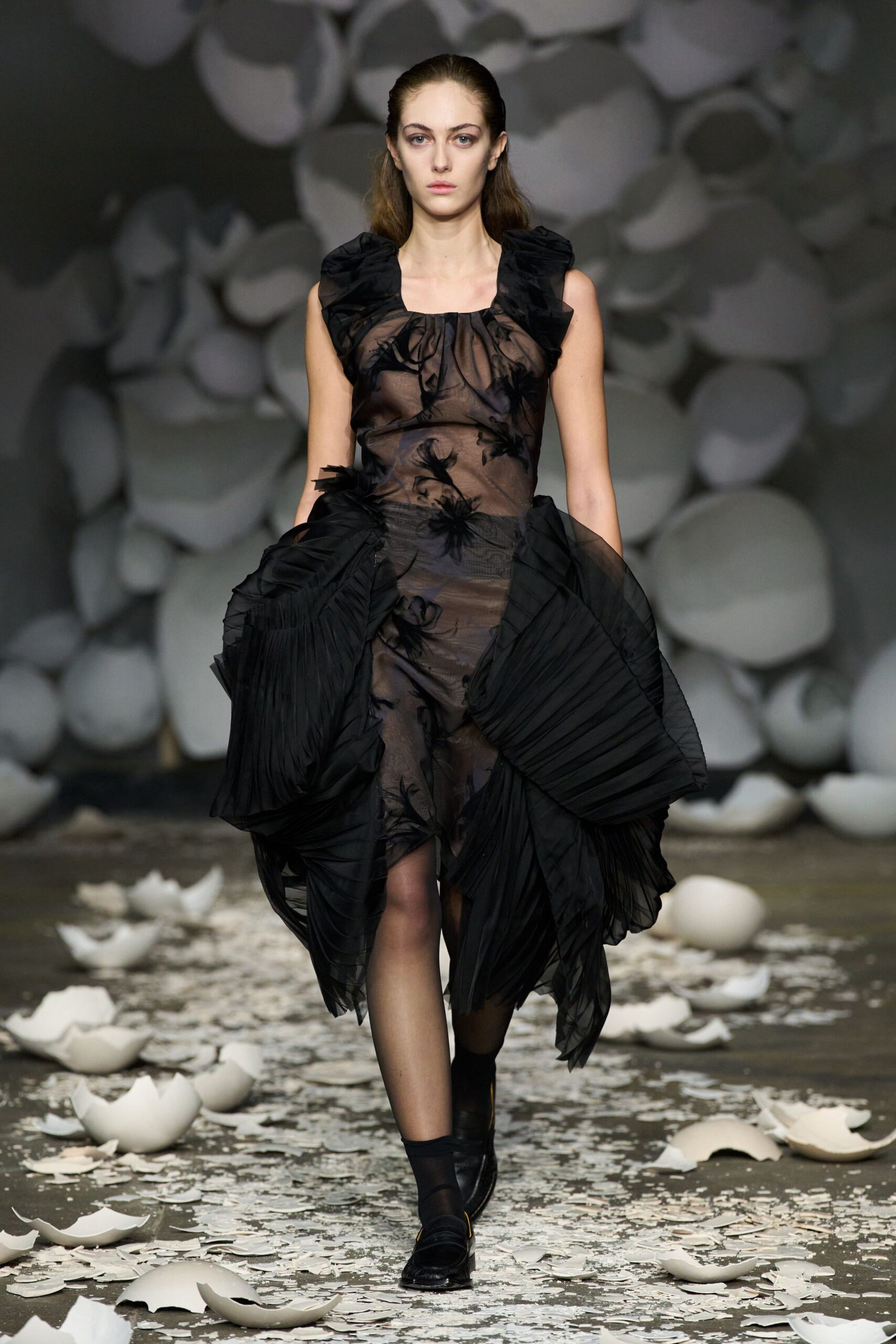 black silk sleeveless v-neck fitted pleated ruffled dress
