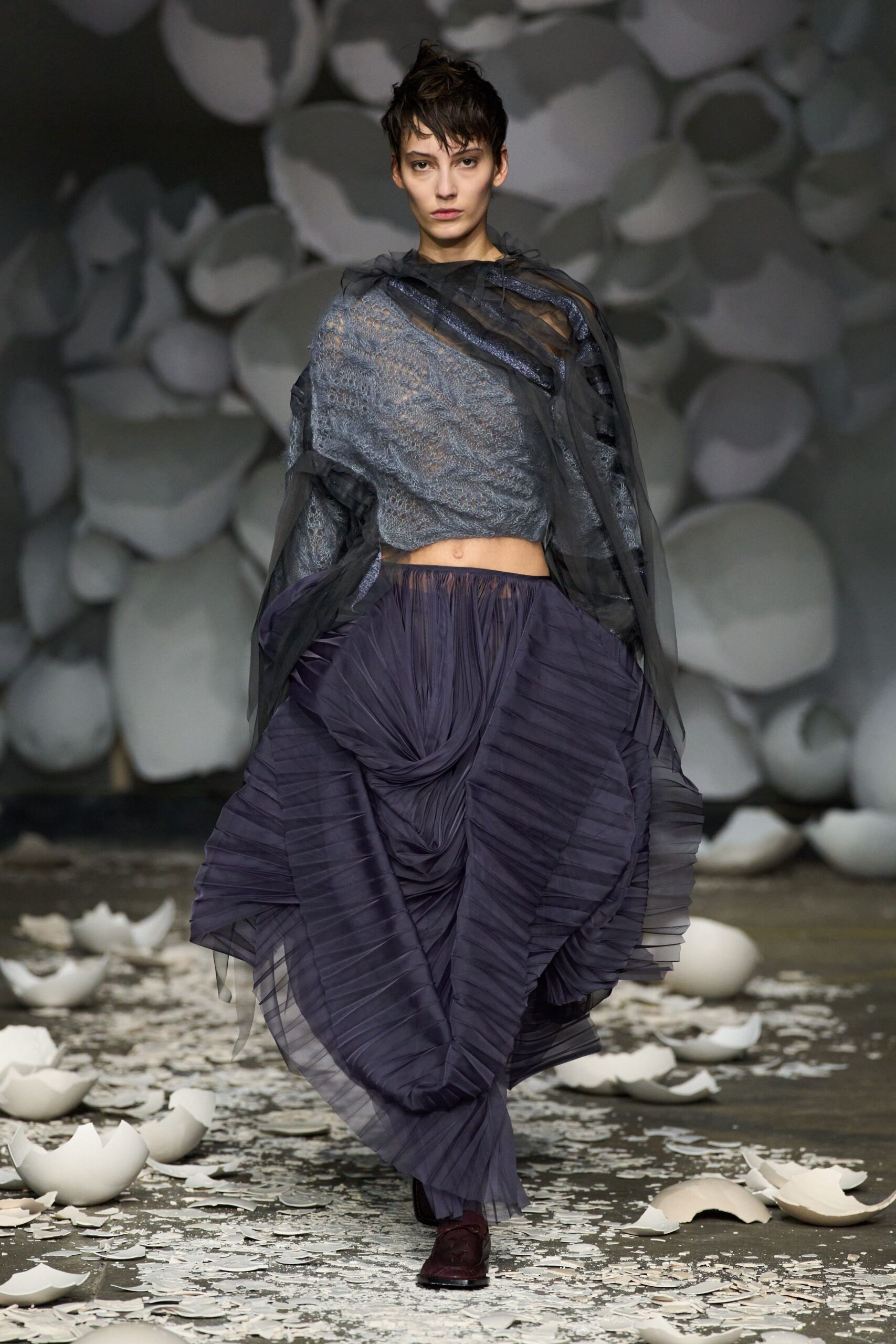 purple chiffon fitted pleated layered flowing skirt