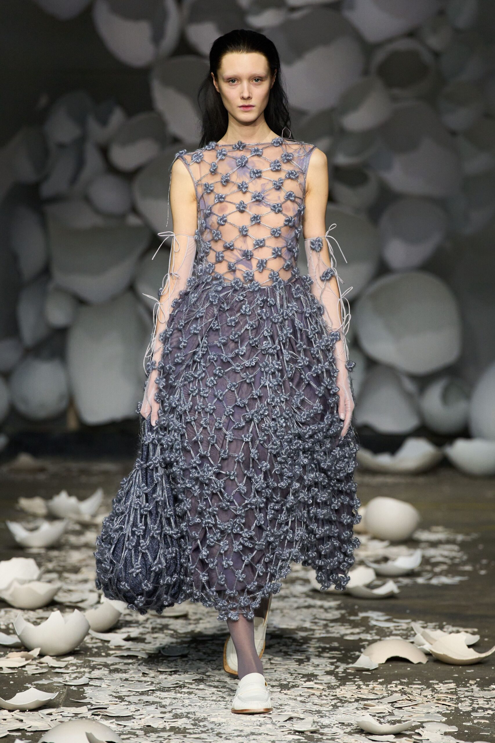 gray mesh sleeveless high-neck fitted layered embroidered dress