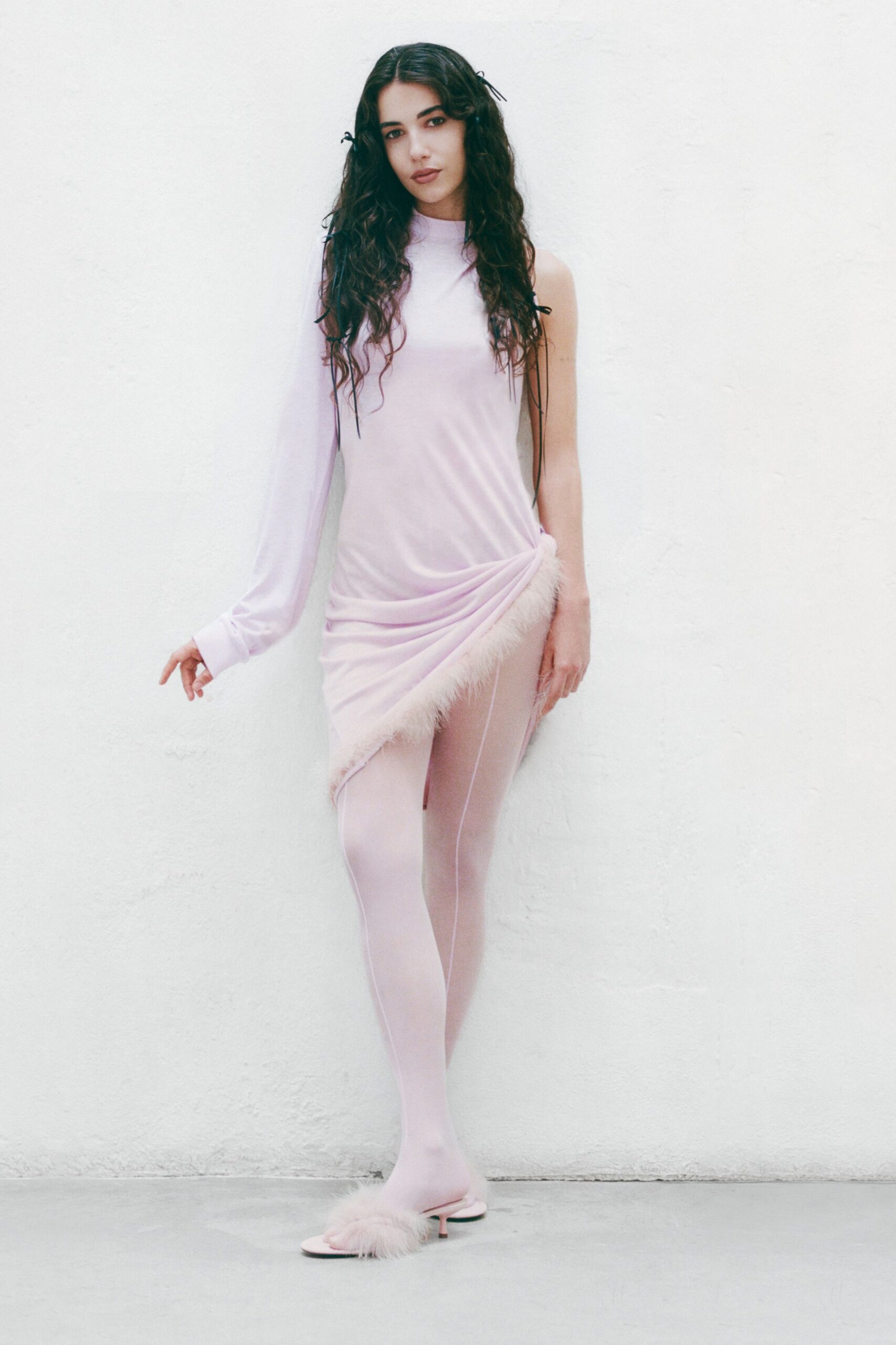 pink silk sleeveless high-neck fitted ruched fringed dress