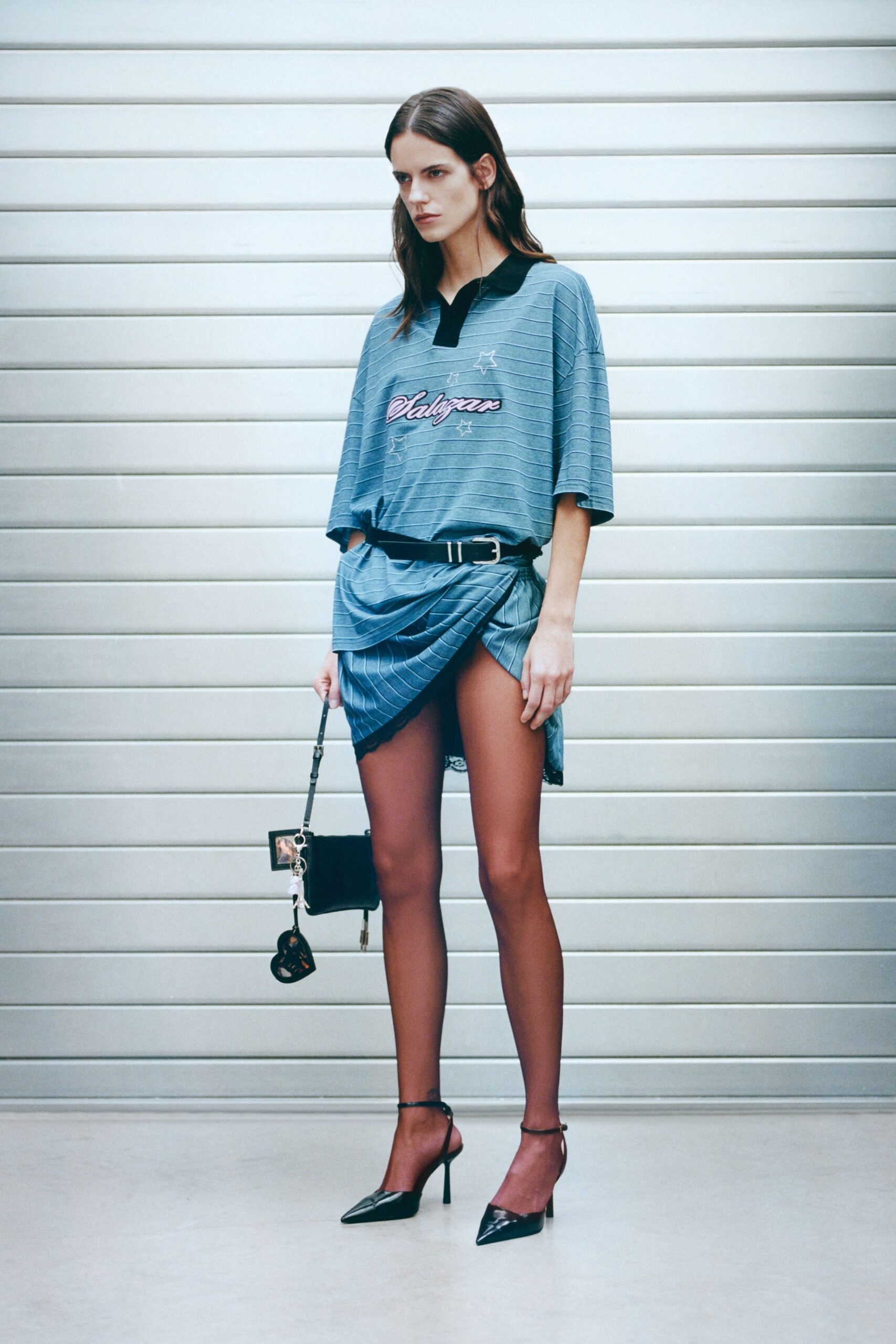 blue cotton asymmetric fitted ruched mini skirt