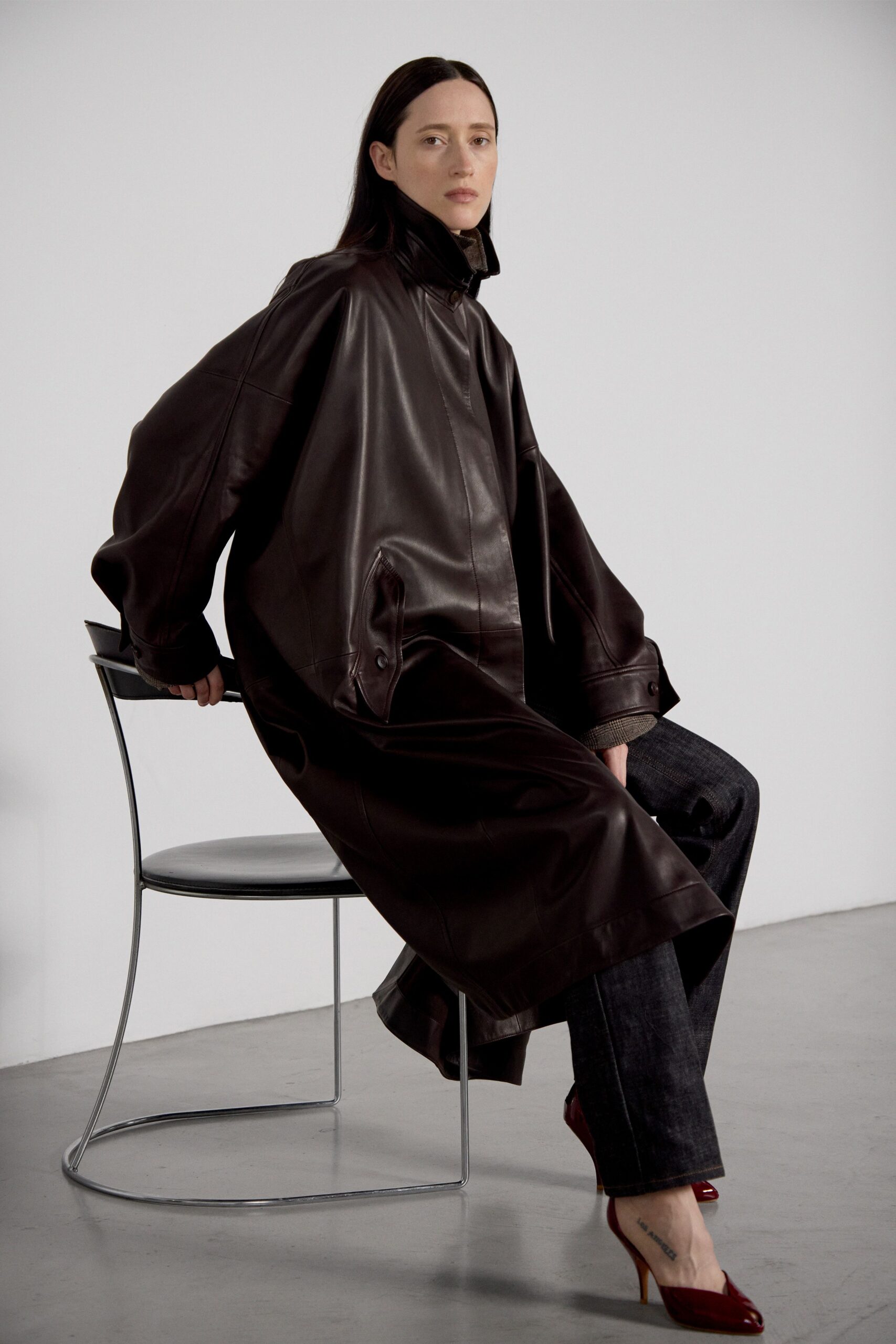 brown leather oversized coat
