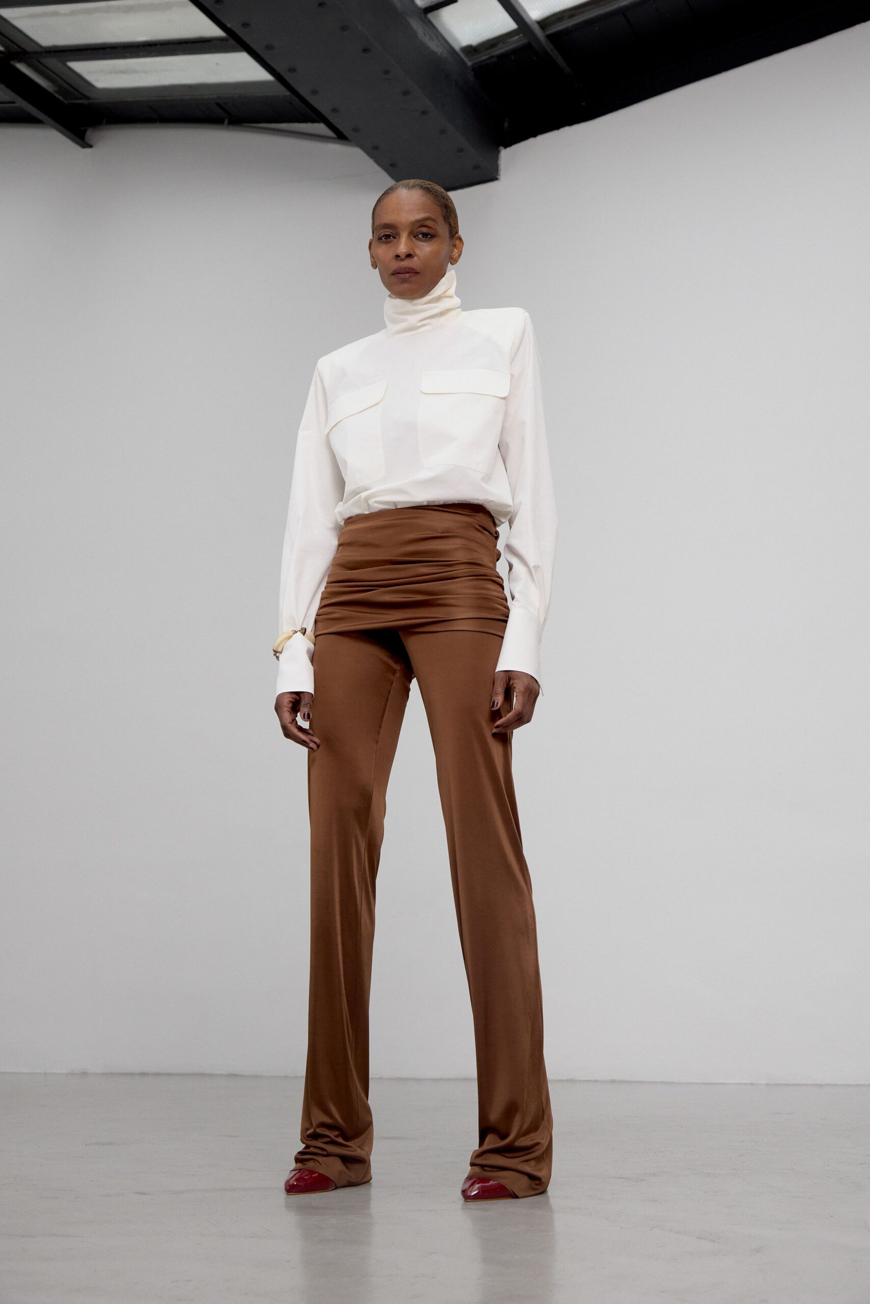 brown silk fitted straight-leg pants