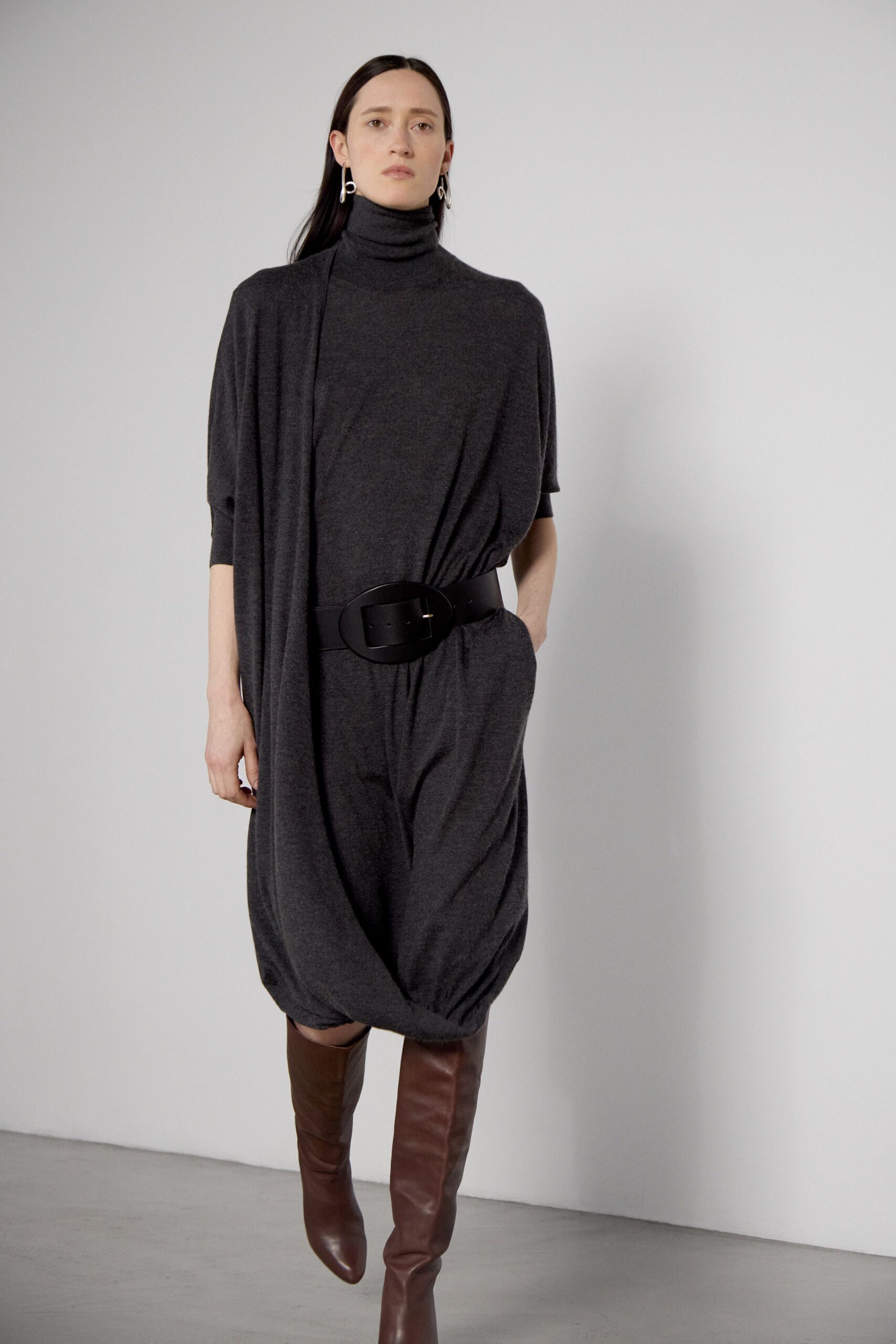 gray wool long-sleeve turtleneck relaxed draped midi dress