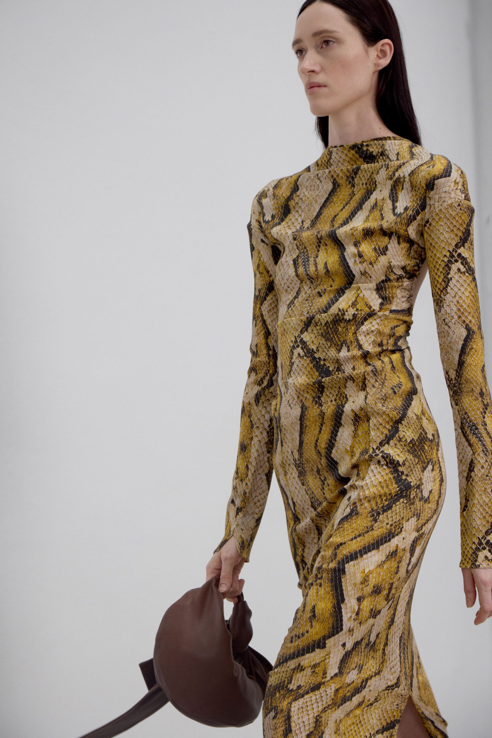 yellow silk long-sleeve high-neck fitted printed midi dress