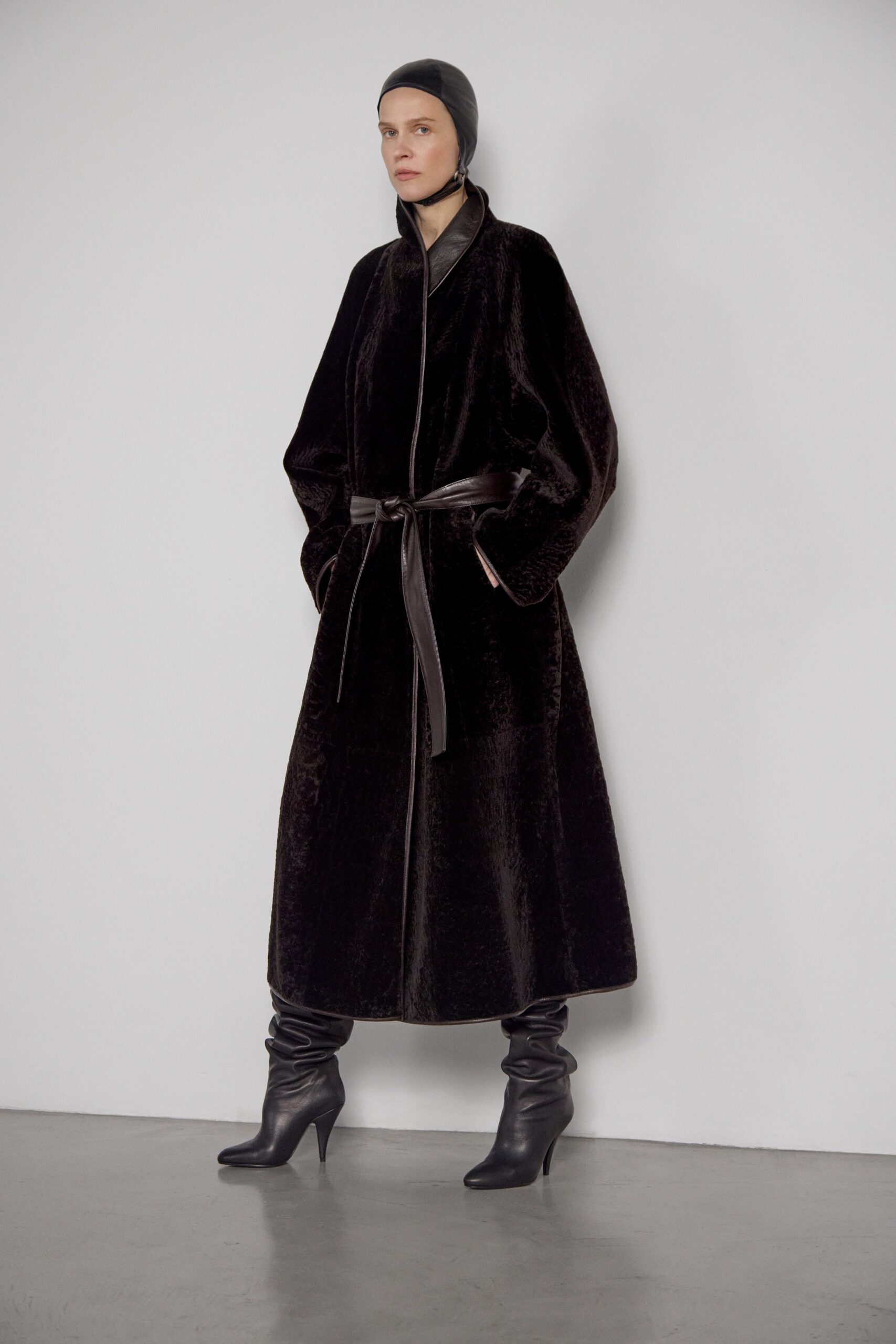 black velvet belted coat and boots