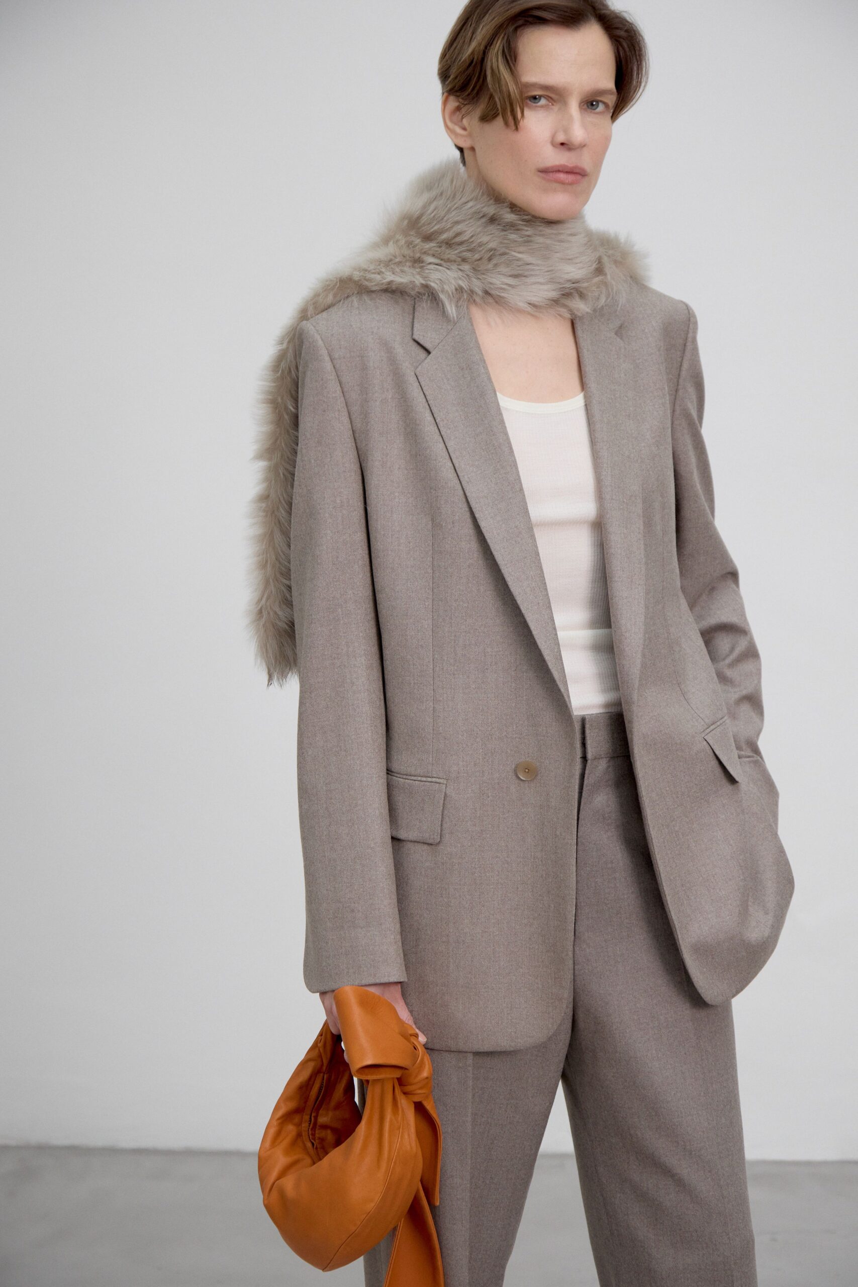 beige wool tailored straight-leg pants