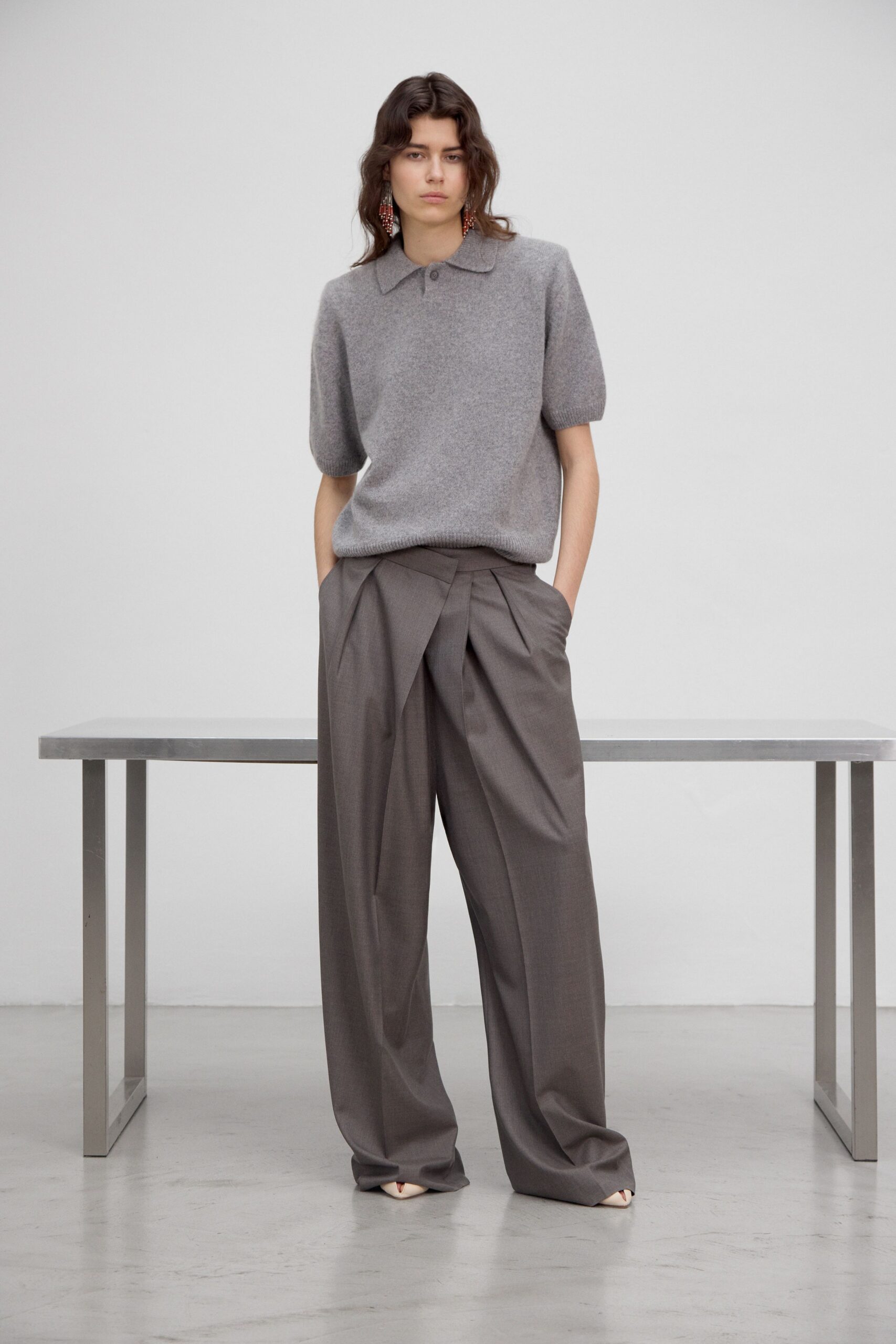 gray wool short-sleeve collared relaxed top