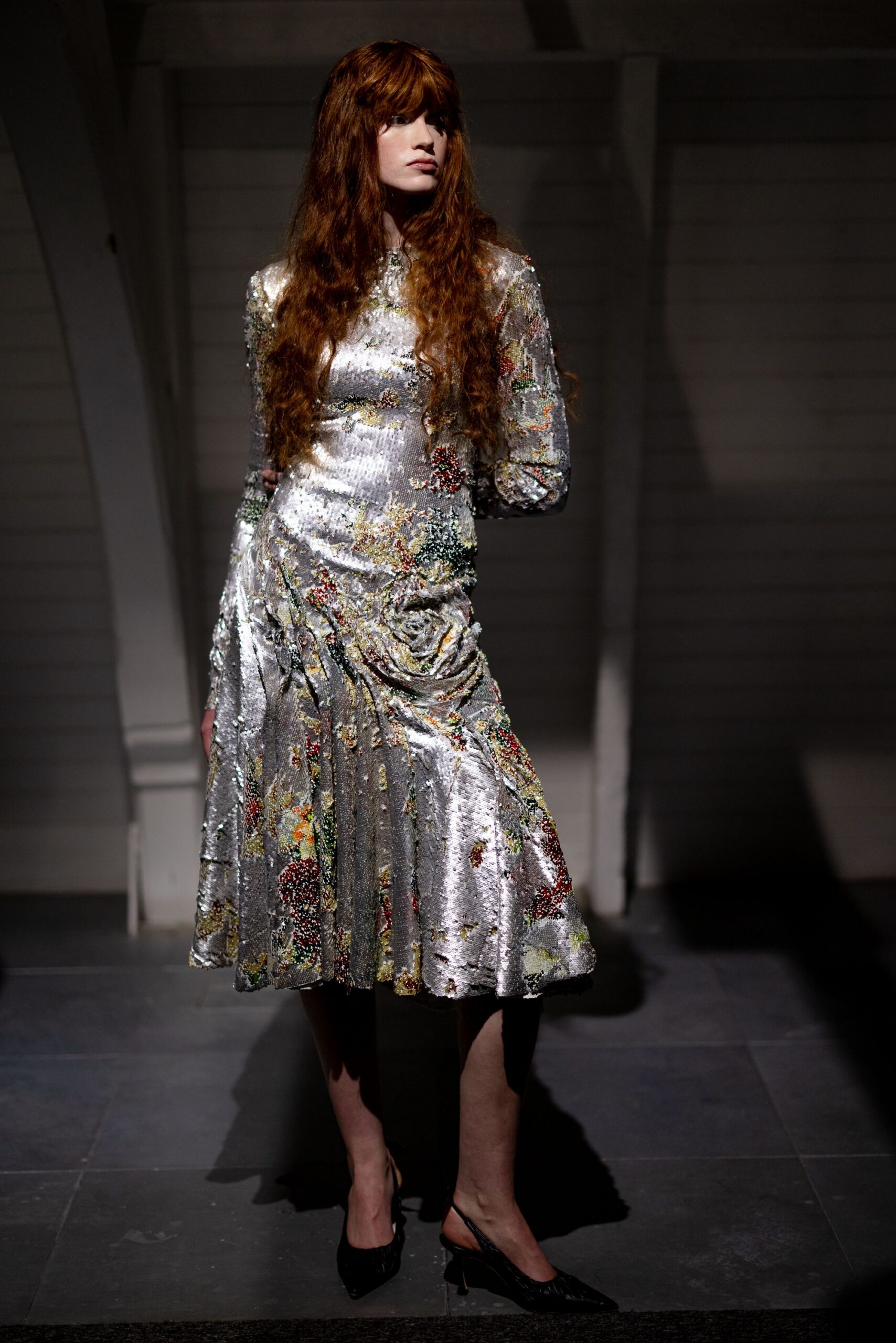 gray silk long-sleeve high-neck fitted embroidered draped dress
