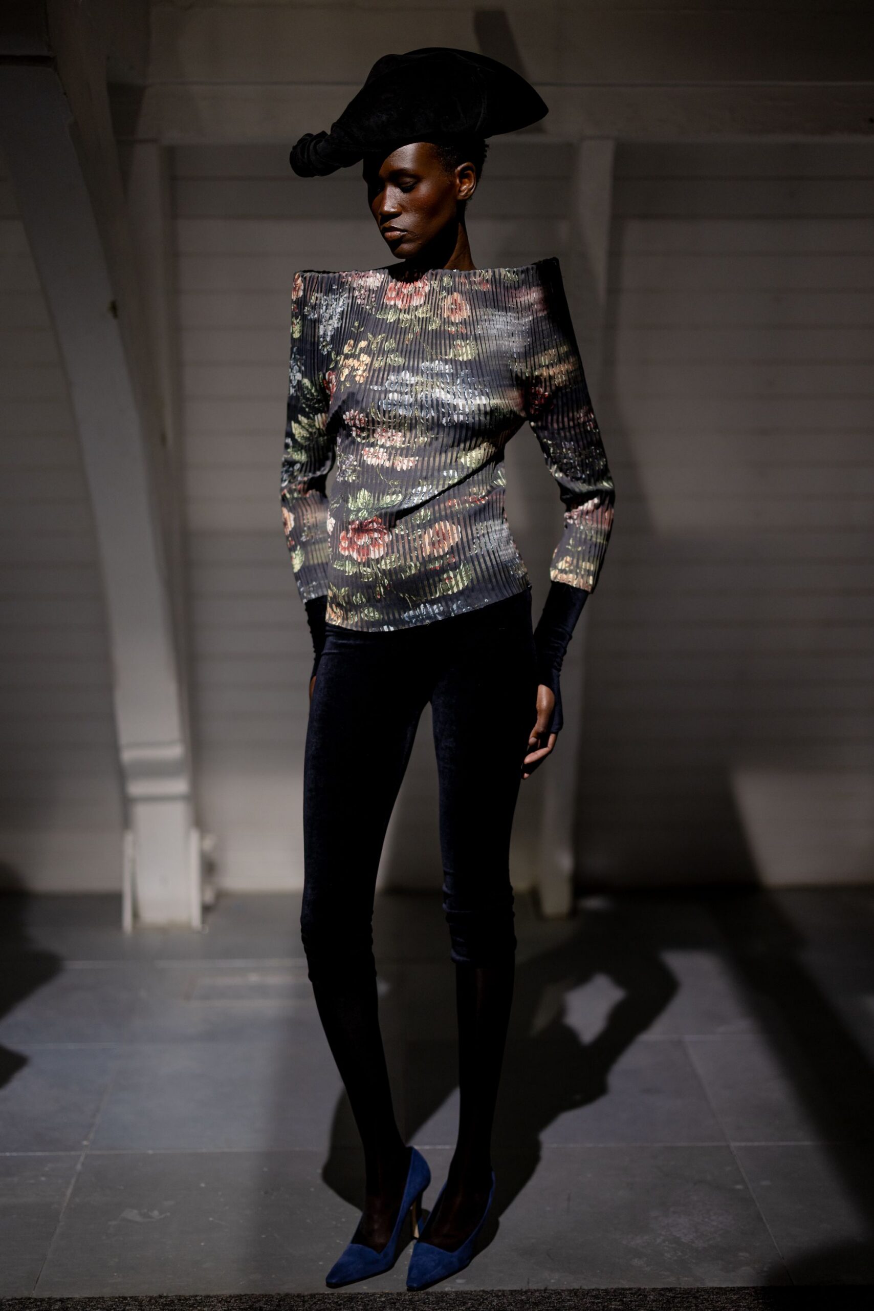 fitted floral top with velvet pants