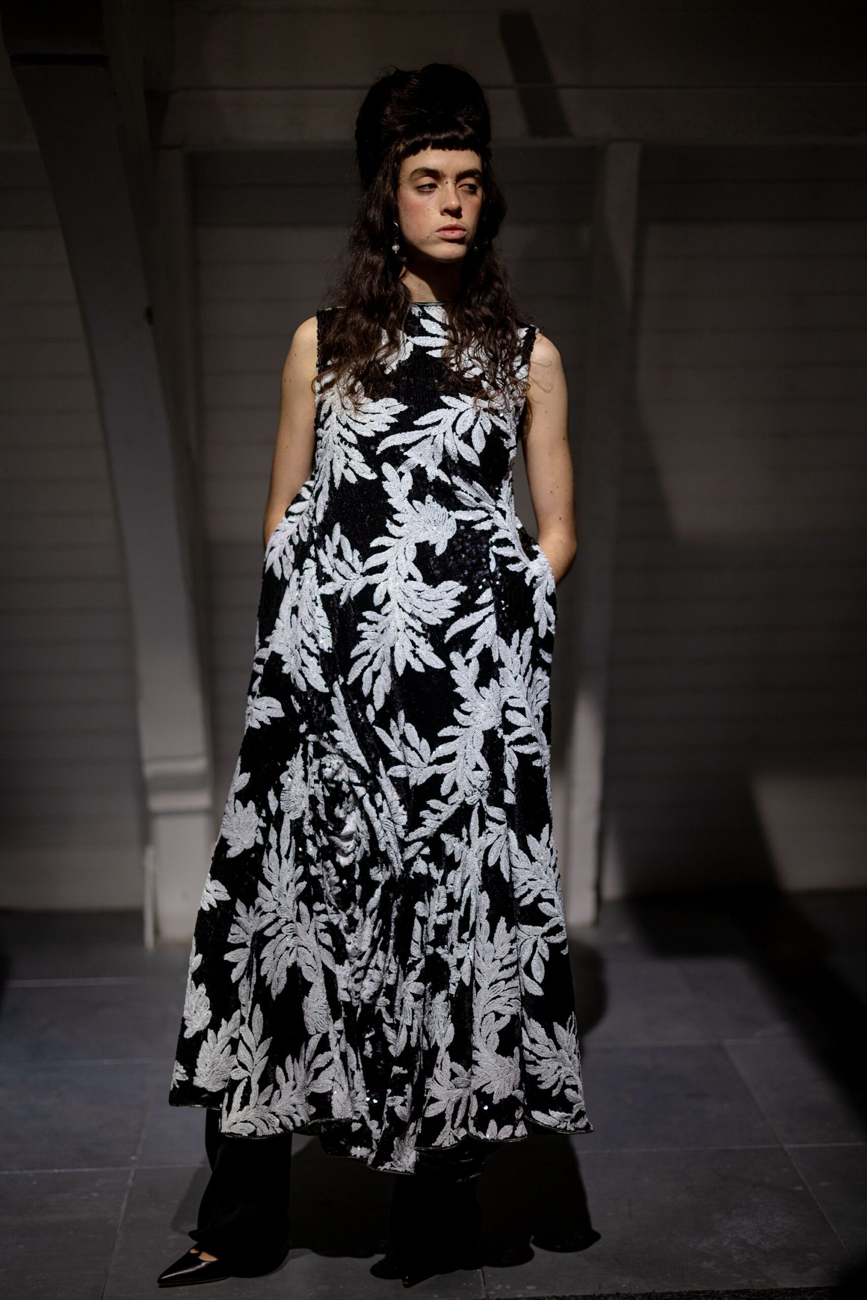 black silk sleeveless high-neck fitted embroidered a-line dress