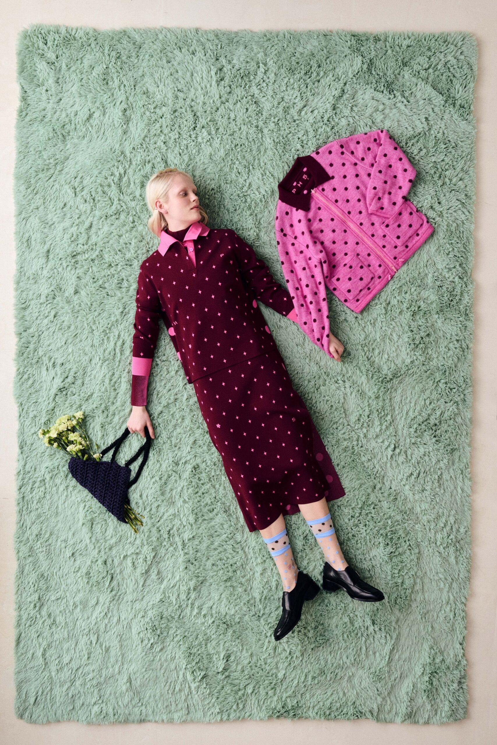 pink long-sleeve collared fitted polka-dot jacket