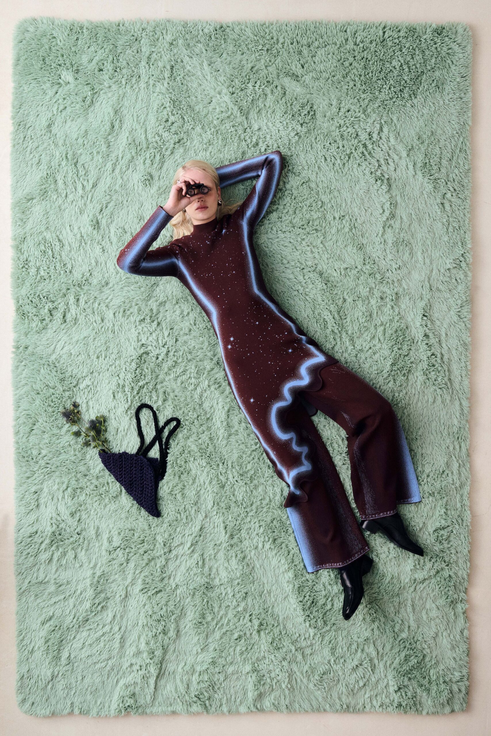 brown cotton long-sleeve high-neck fitted printed catsuit