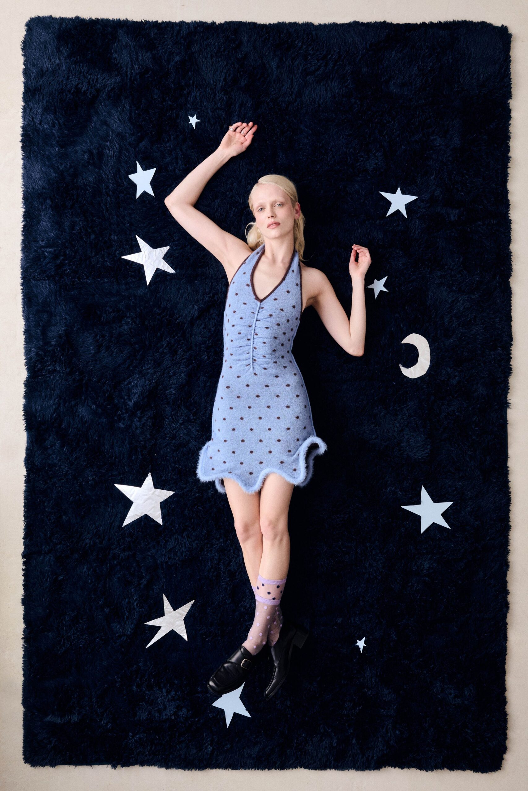 blue wool sleeveless v-neck fitted polka-dot flared dress
