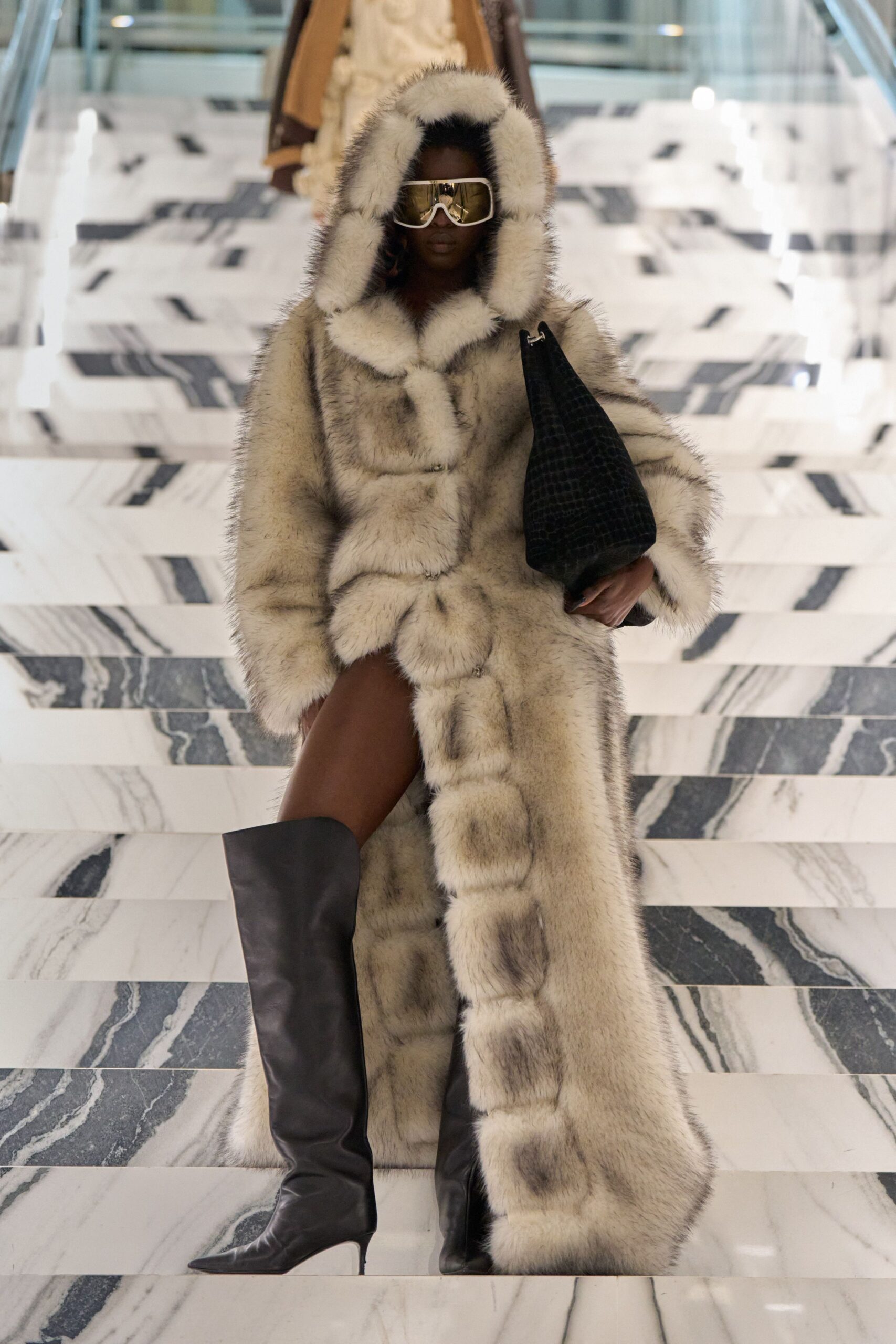 beige fur long-sleeve hooded relaxed padded maxi coat
