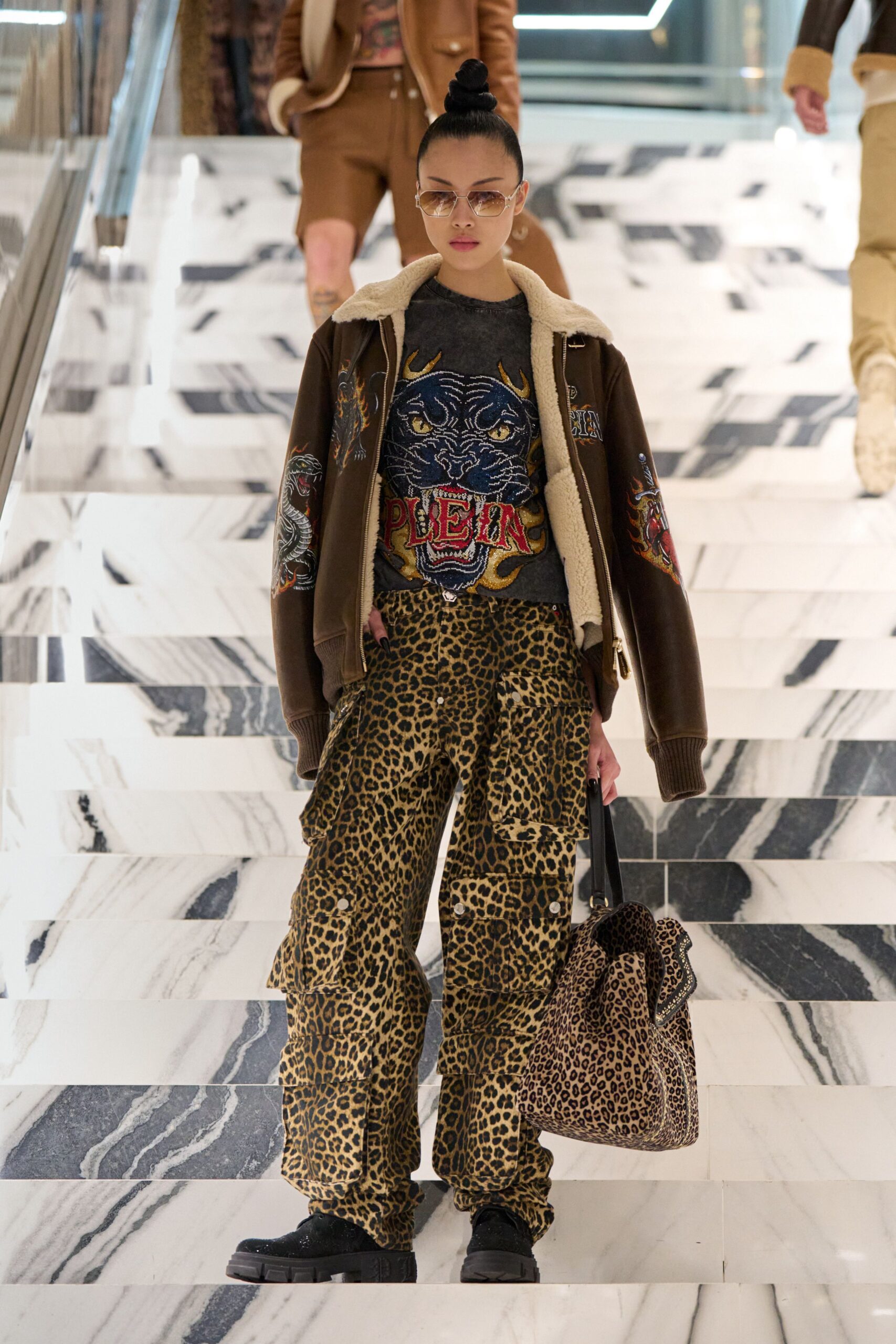 brown embroidered jacket with cargo pants