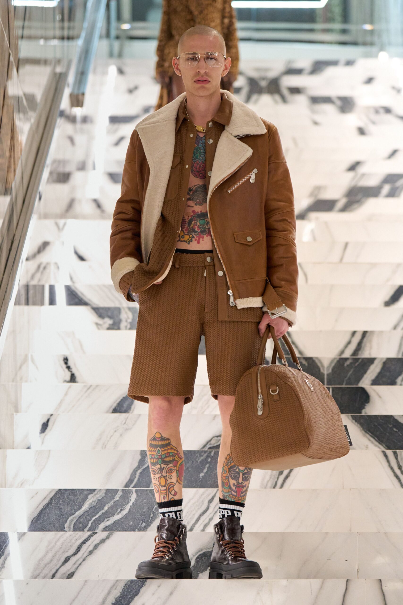 brown leather long-sleeve collared structured zippered jacket