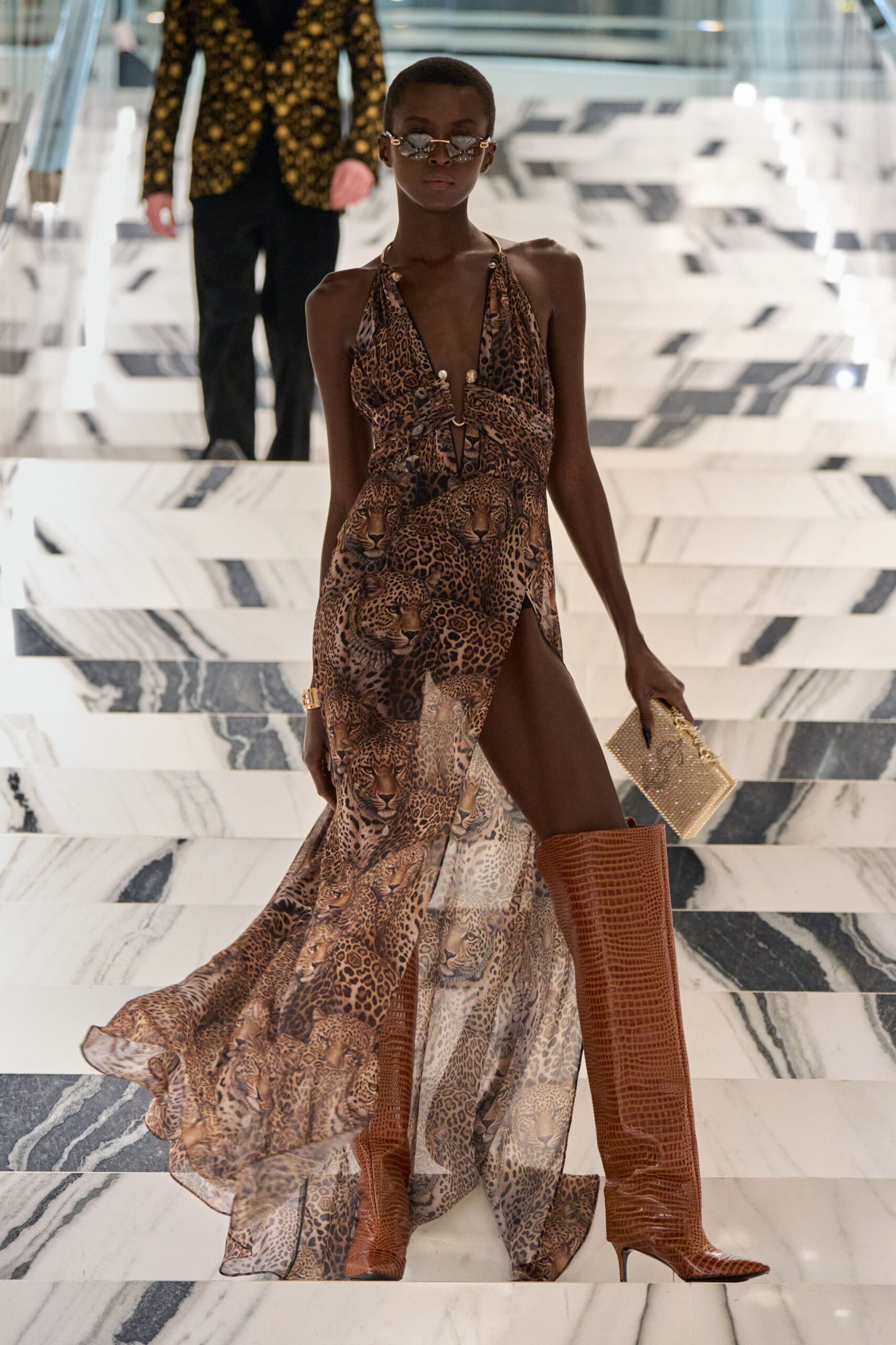 brown silk sleeveless v-neck fitted animal-print layered gown