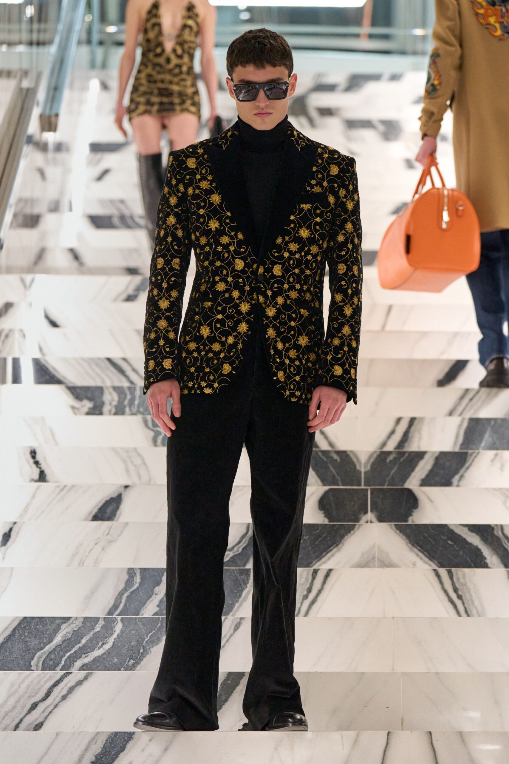 black velvet long-sleeve collared tailored embroidered flared suit