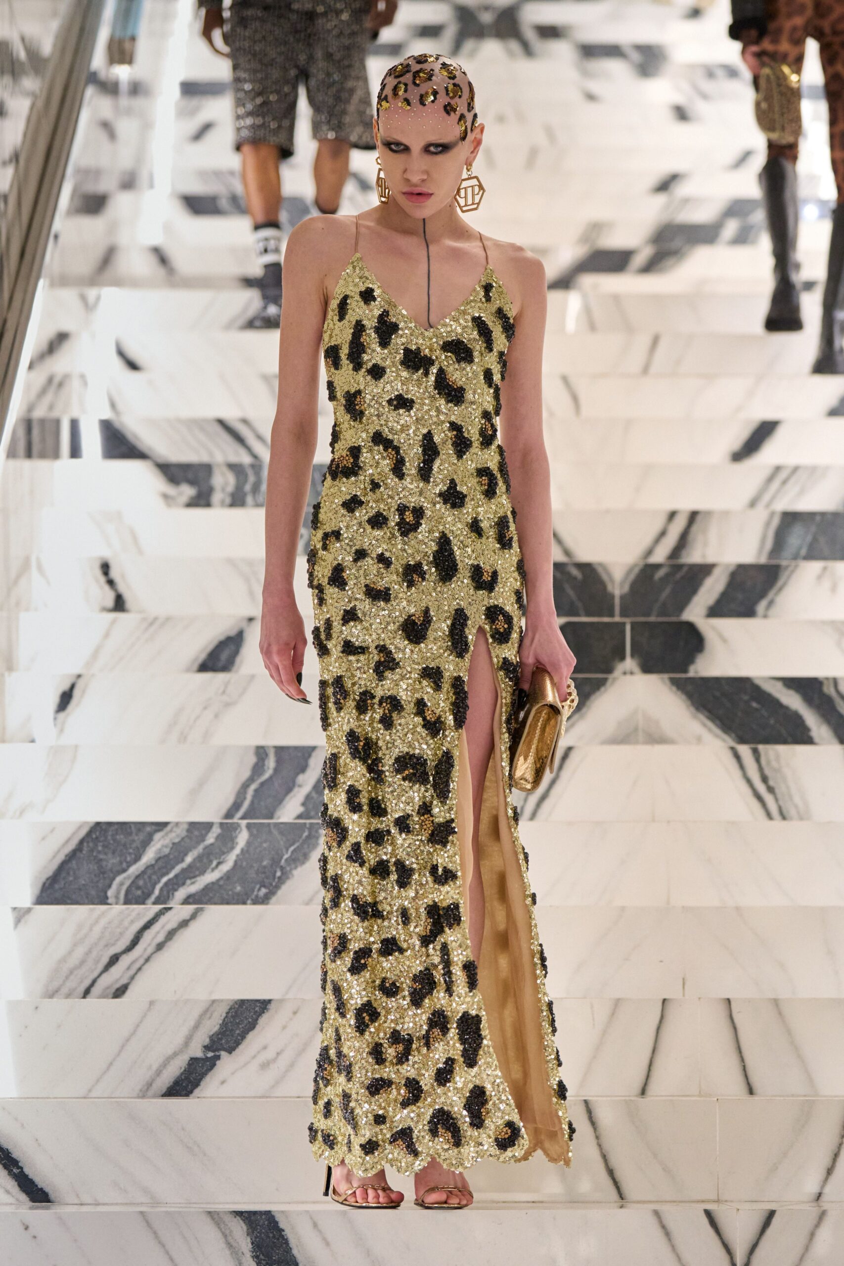 gold sequin animal-print gown